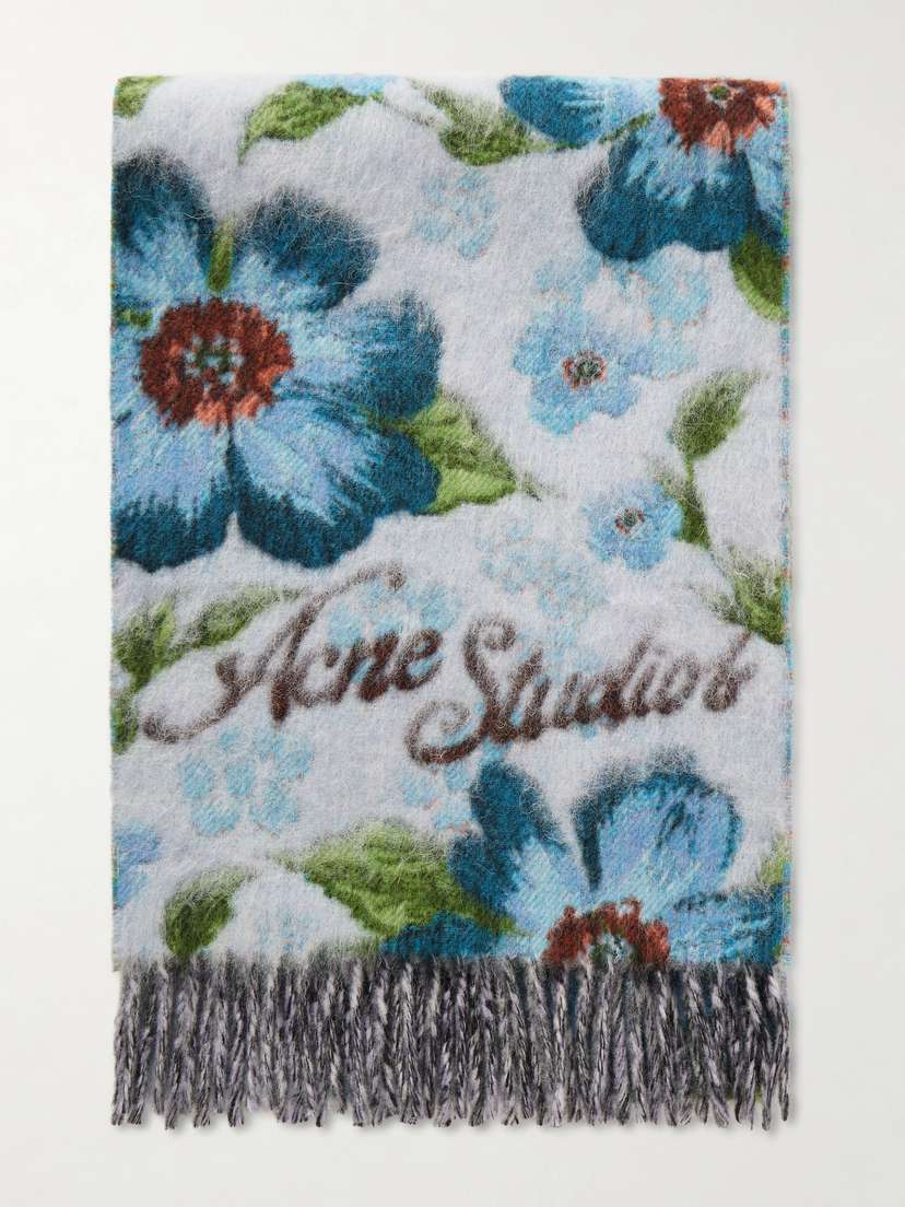 Acne Studios Fringed Appliquéd Floral-print Brushed Wool-blend Scarf