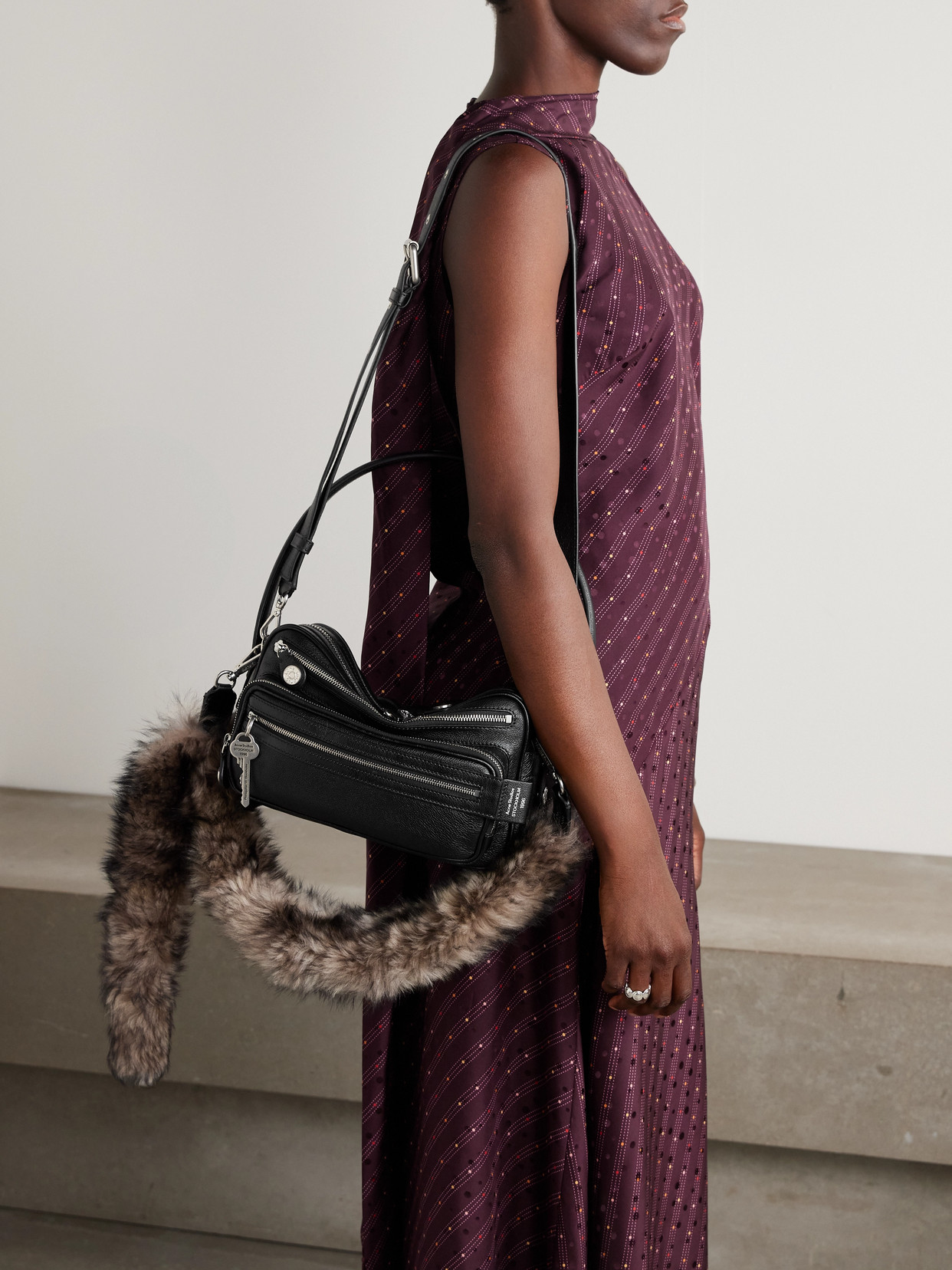 Acne Studios Small Shearling-trimmed Leather Shoulder Bag In Black