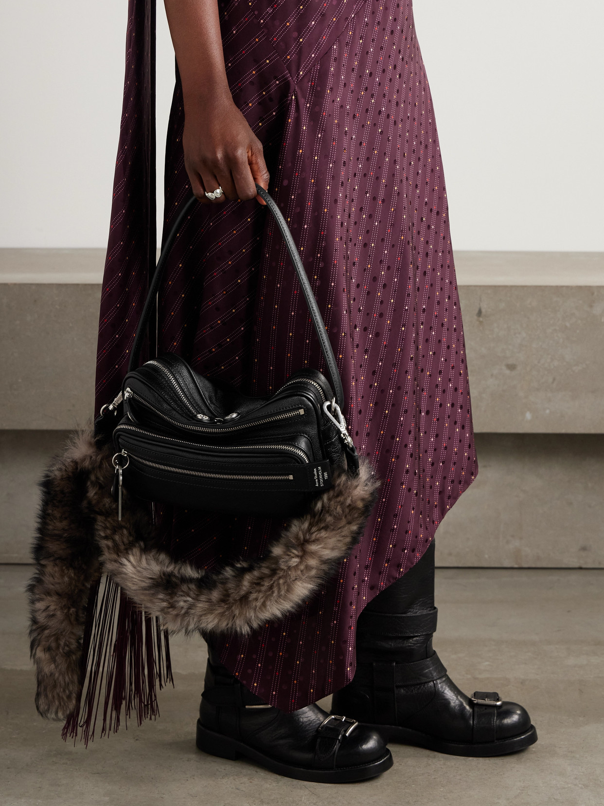 Acne Studios Small Shearling-trimmed Leather Shoulder Bag In Black