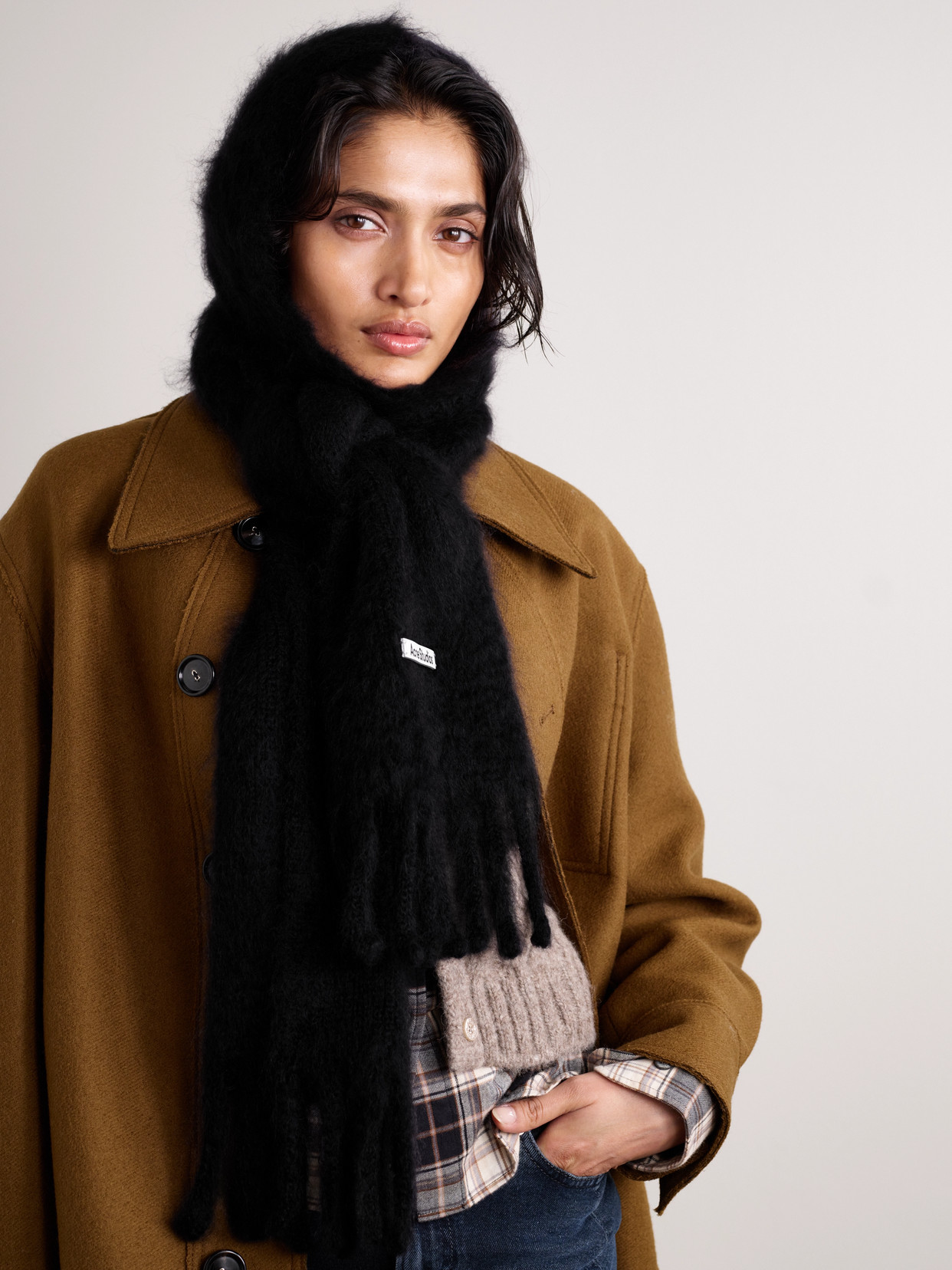 Acne Studios Hooded Fringed Mohair And Wool-blend Scarf In Black