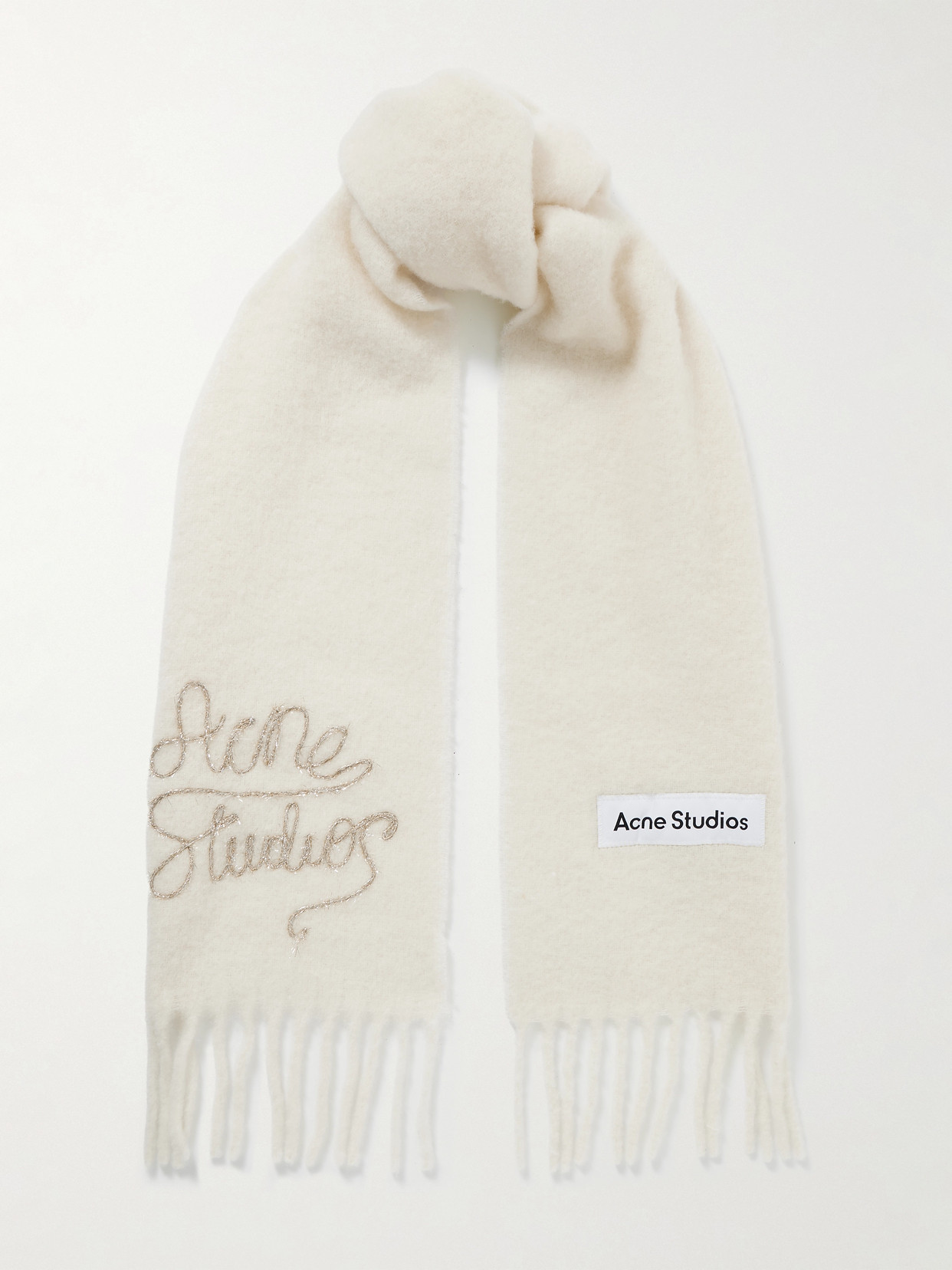 Acne Studios Fringed Metallic Embroidered Knitted Scarf In Neutral