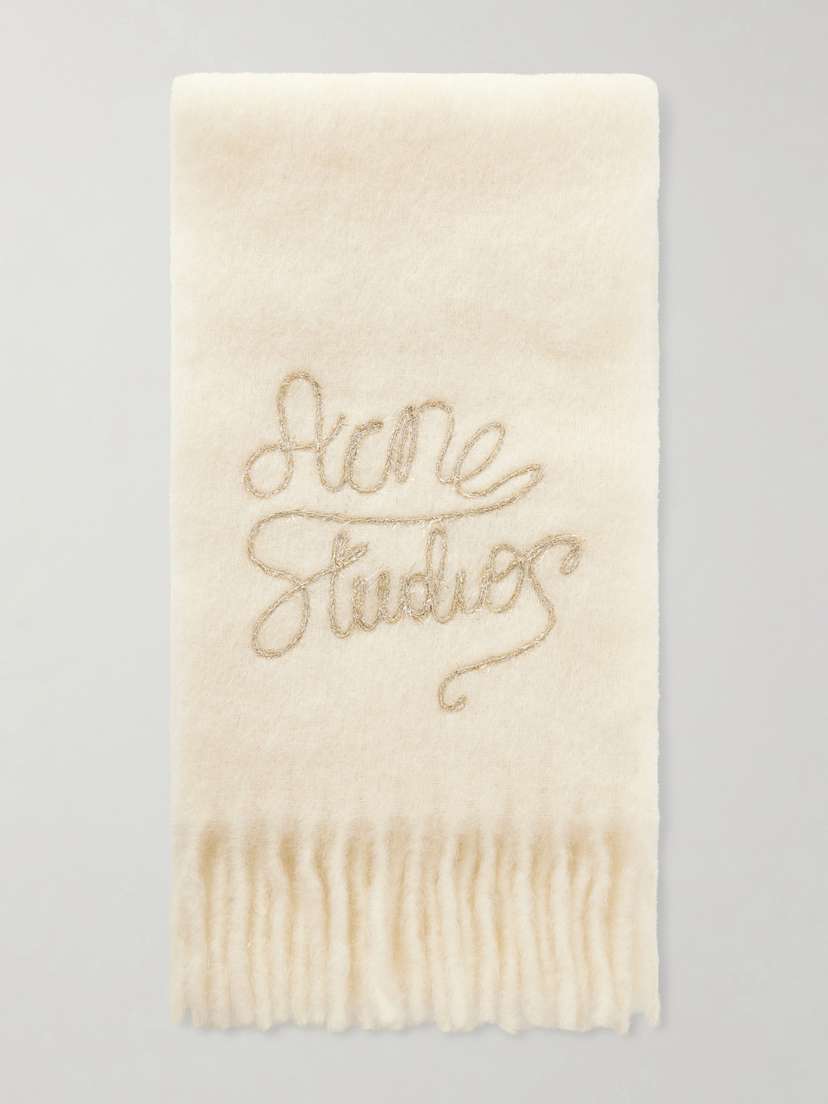 Acne Studios Fringed Metallic Embroidered Knitted Scarf