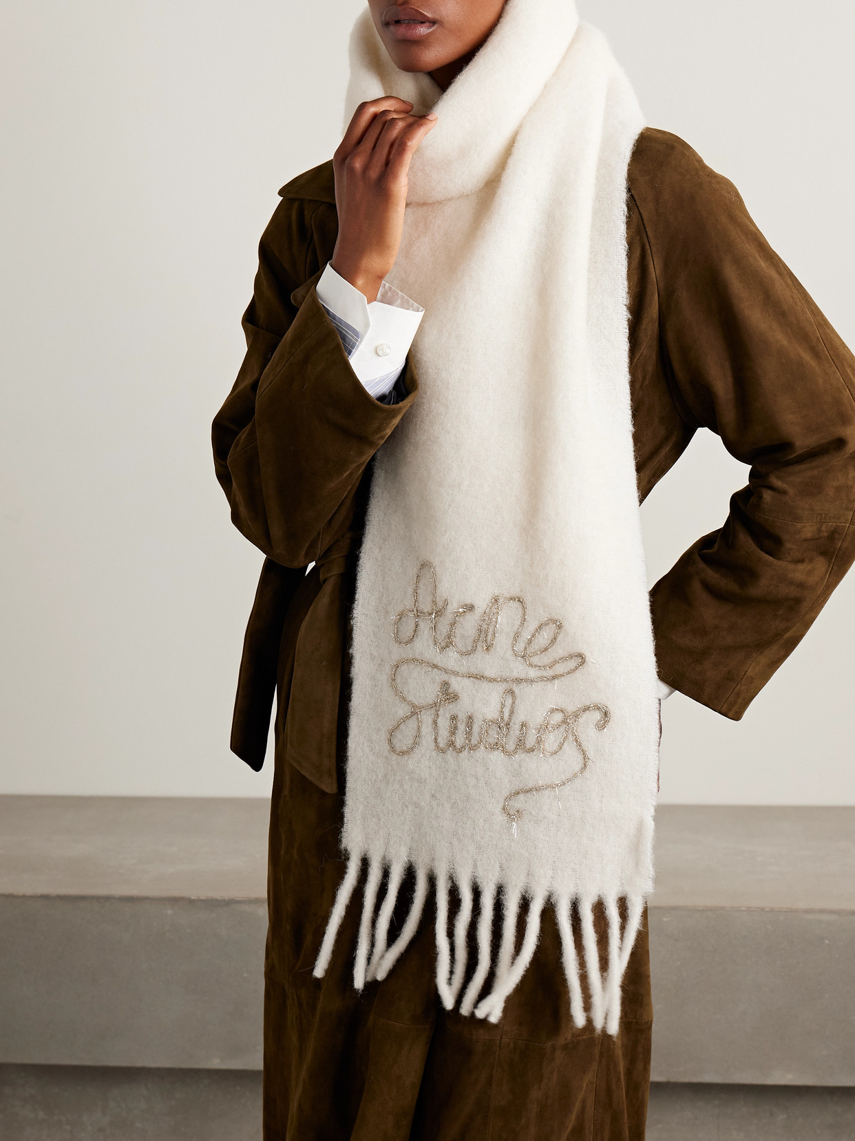 Acne Studios Fringed Metallic Embroidered Knitted Scarf In Neutral