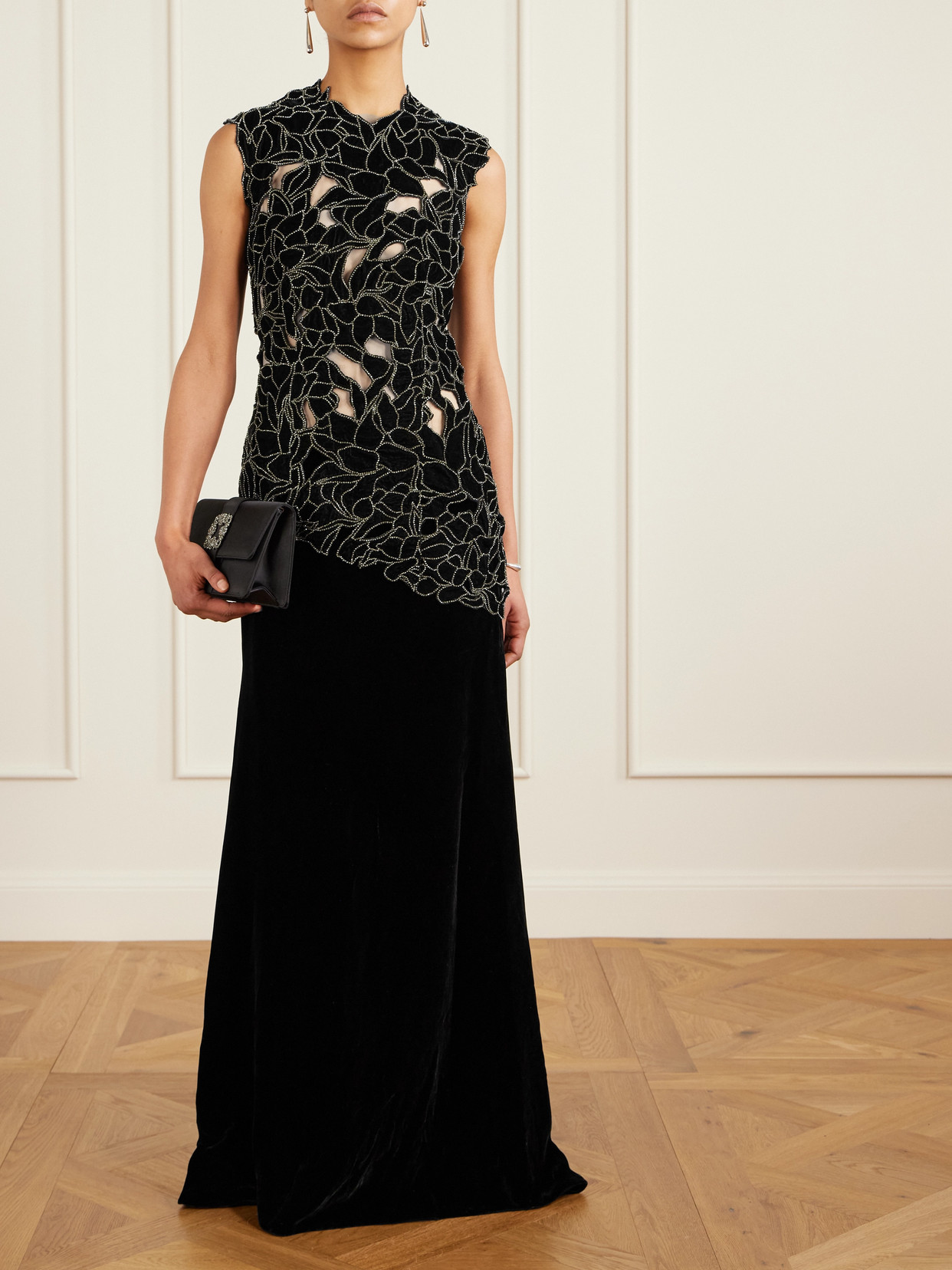 Costarellos Serisa Crystal-embellished Velvet Gown In Black
