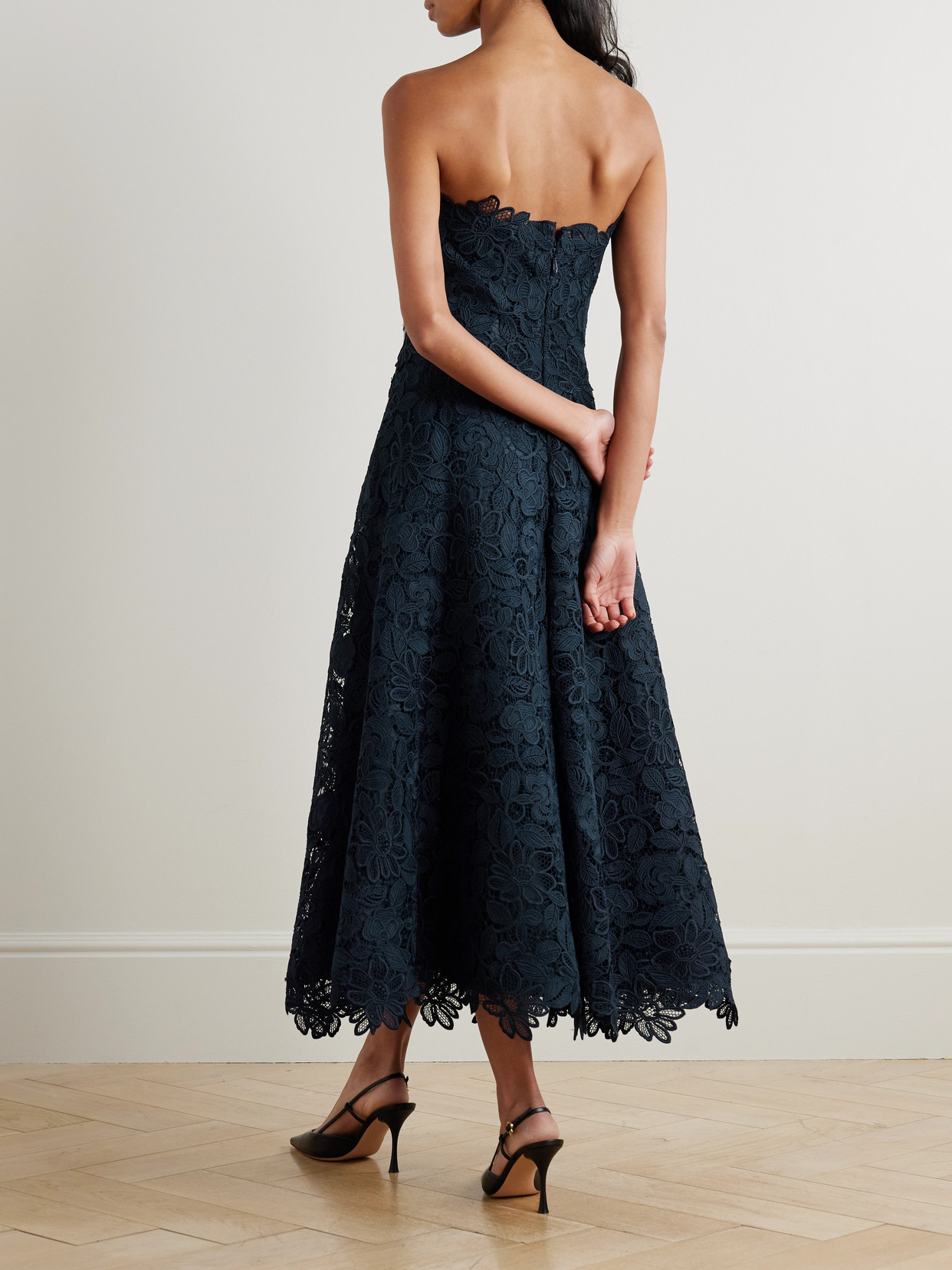 Costarellos Toma Strapless Embellished Guipure Lace Midi Dress In Blue