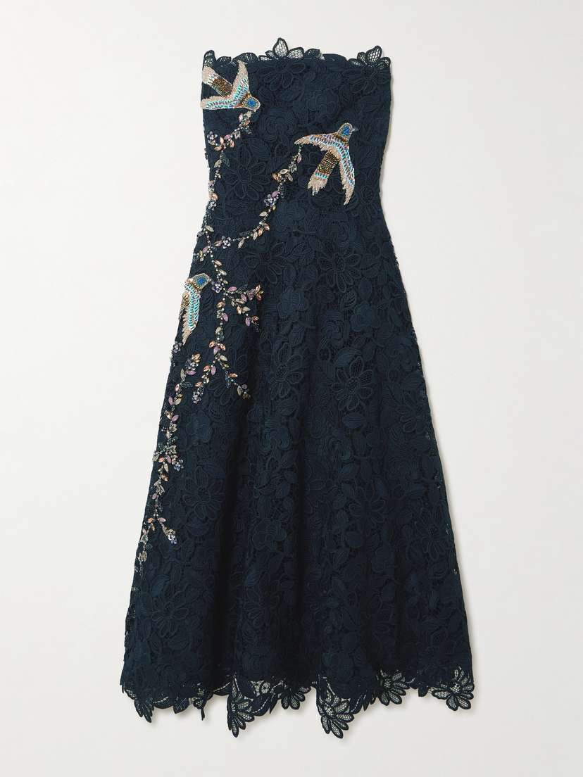 Costarellos Toma Strapless Embellished Guipure Lace Midi Dress