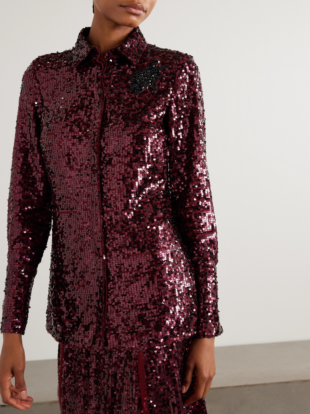 Erdem Frayed Sequined Crepe De Chine Midi Skirt In Red