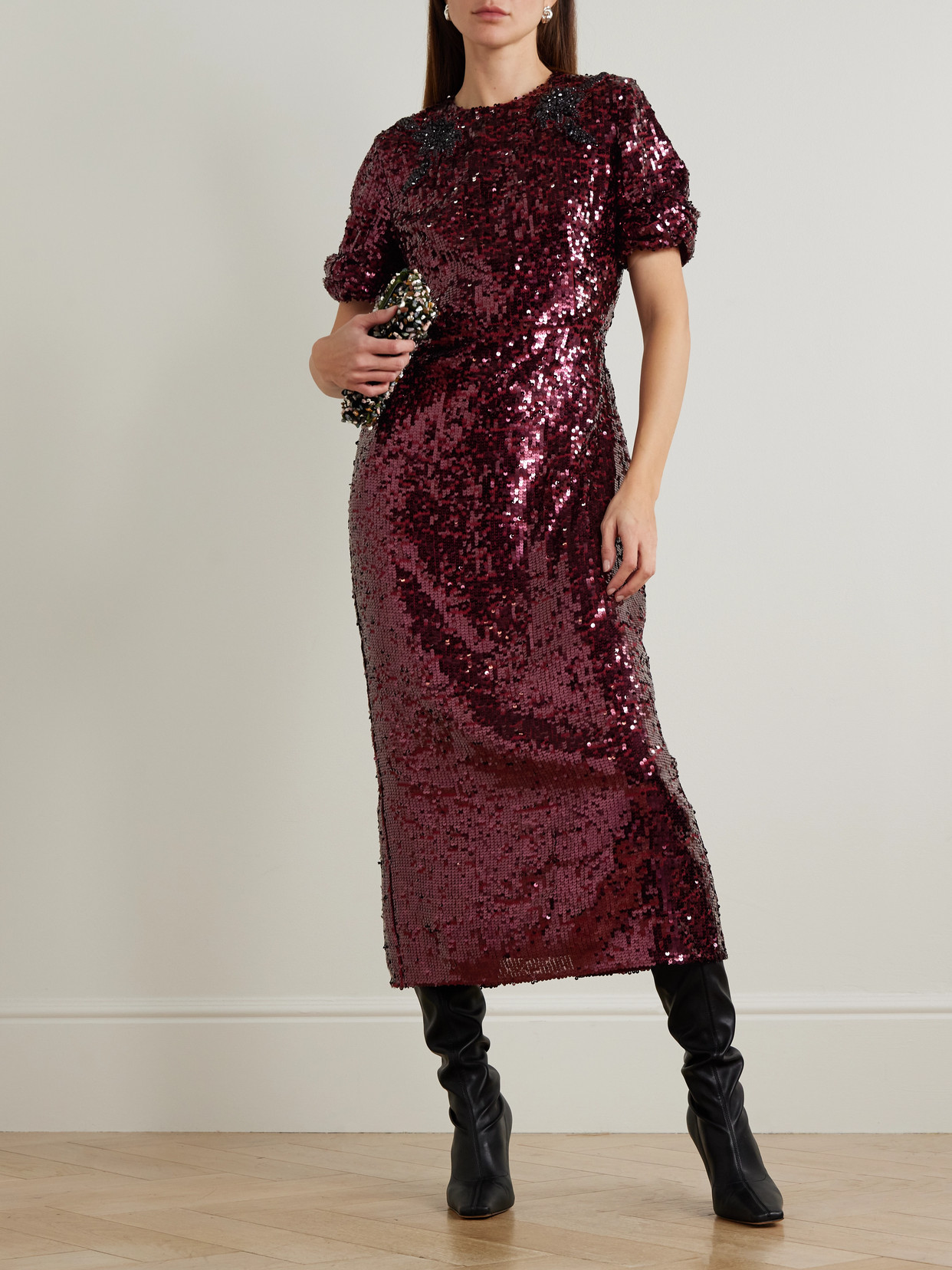 Erdem Embellished Sequined Georgette Midi Dress In Burgundy