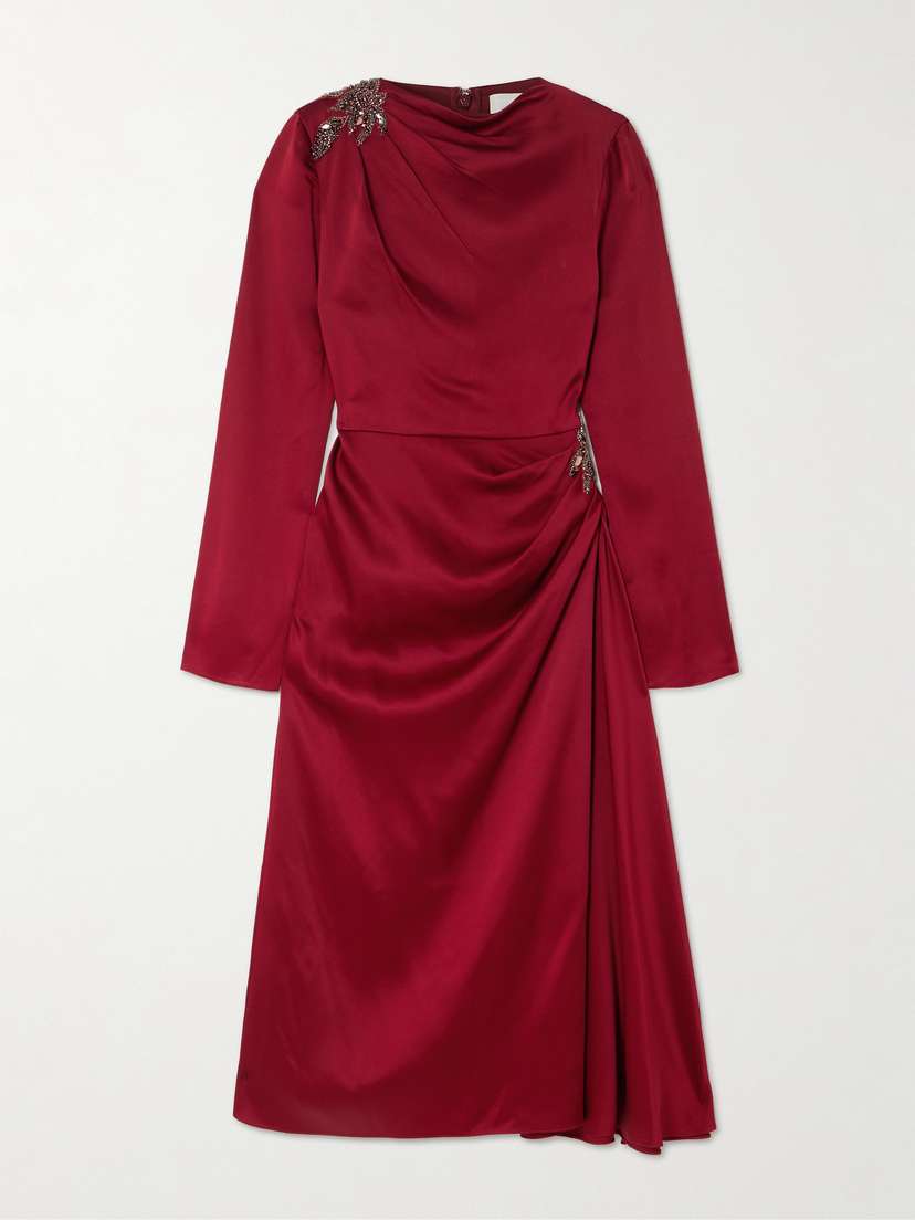 Erdem Draped Crystal-embellished Appliquéd Satin Midi Dress