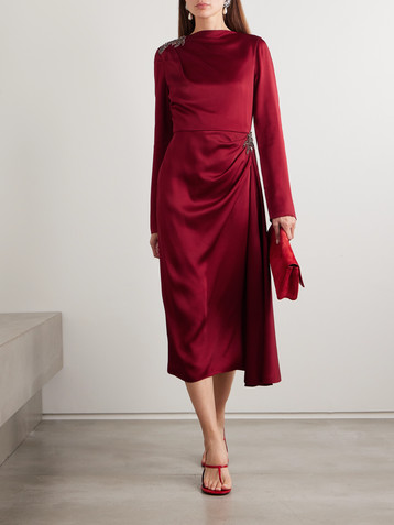 Erdem Draped crystal-embellished appliquéd satin midi dress