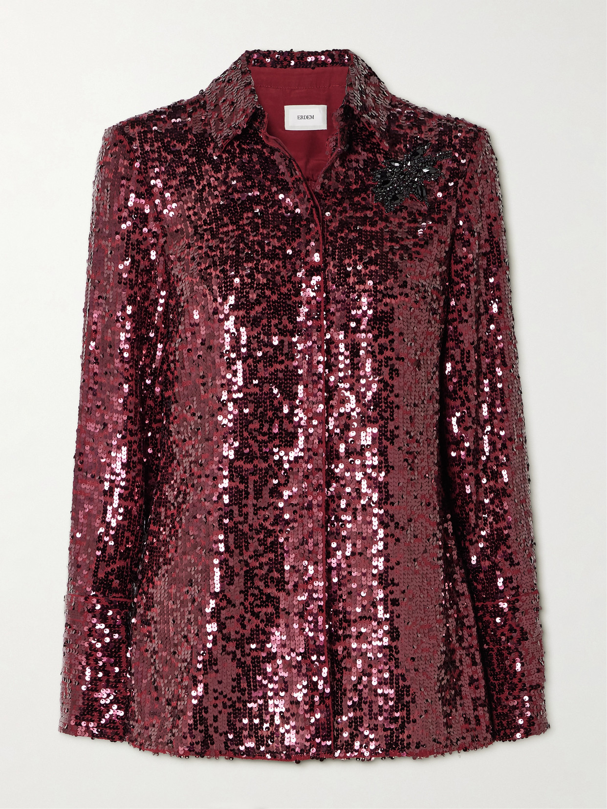 Erdem Crystal-embellished Sequined Crepe De Chine Shirt In Burgundy