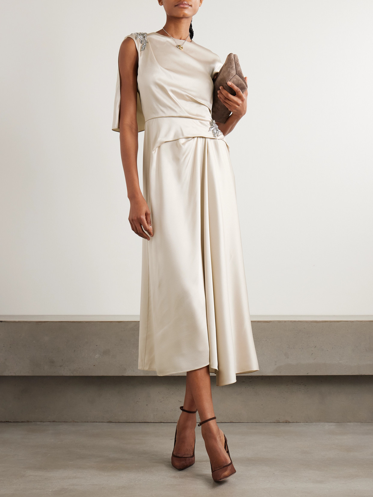 Erdem Asymmetric Crystal-embellished Draped Satin Dress In White