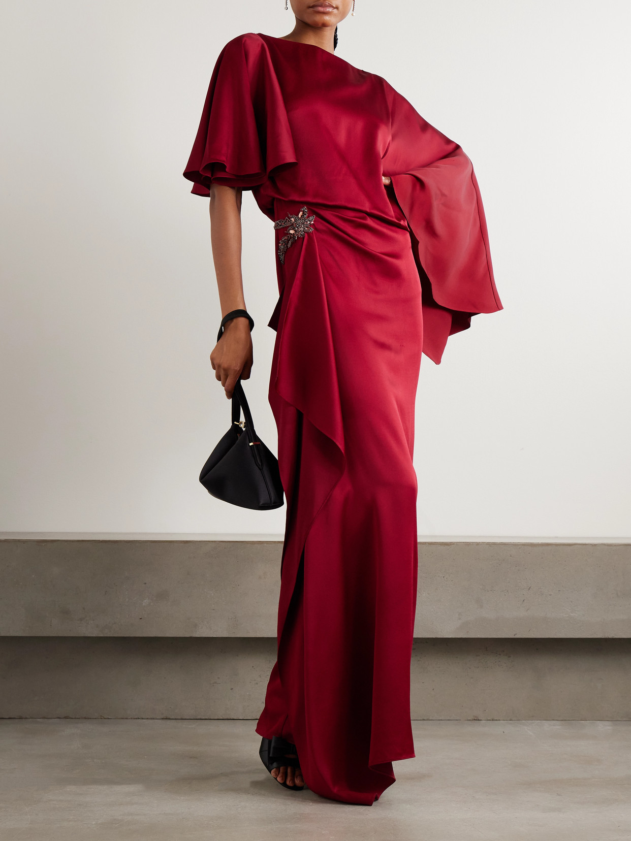 Erdem Asymmetric Crystal-embellished Draped Satin Gown In Red