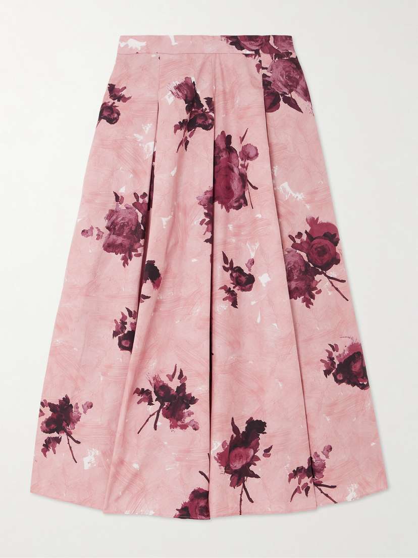 Erdem Pleated Floral-print Cotton-poplin Midi Skirt