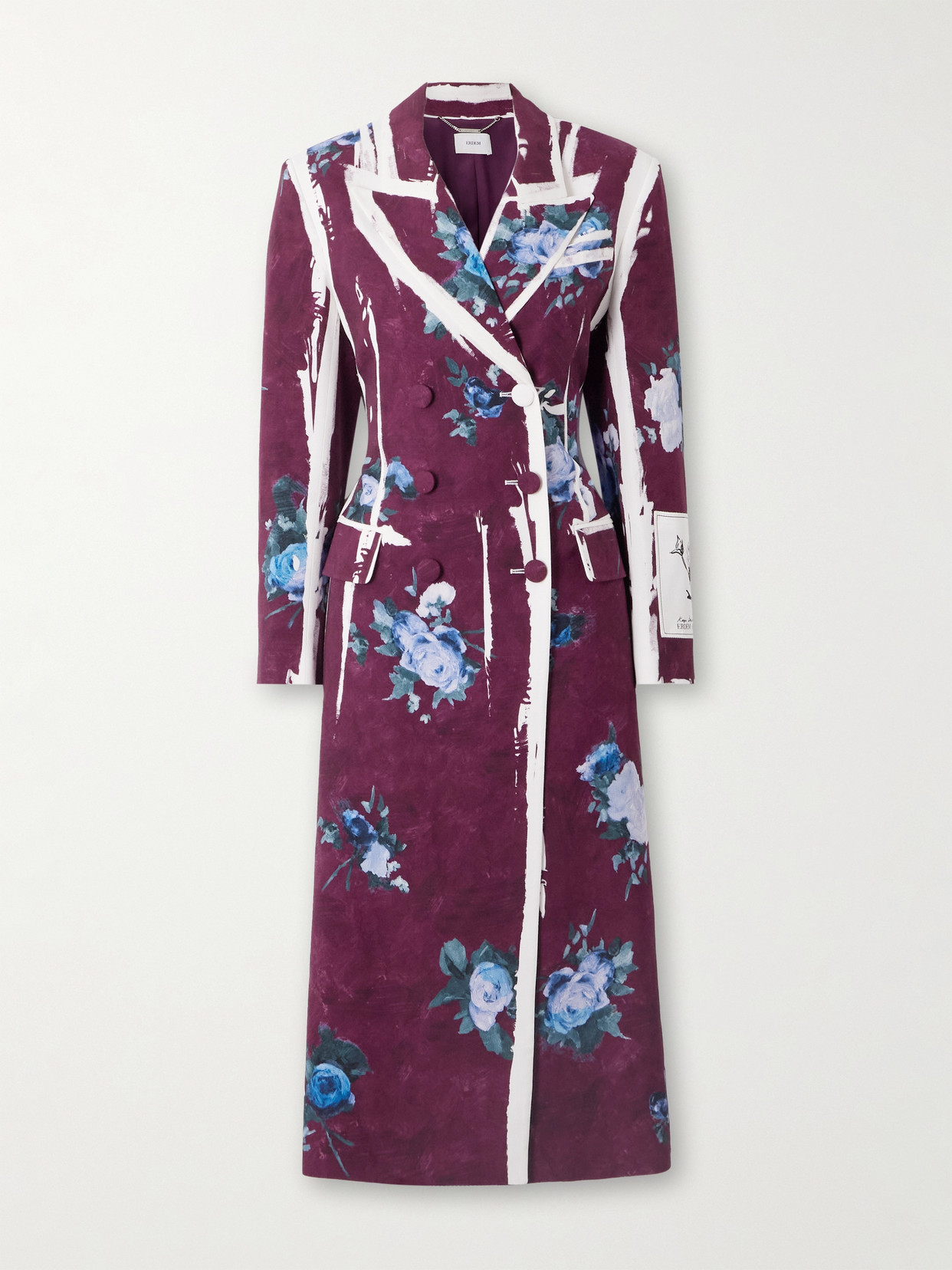 Erdem Double-breasted Floral-print Satin Coat In Brown