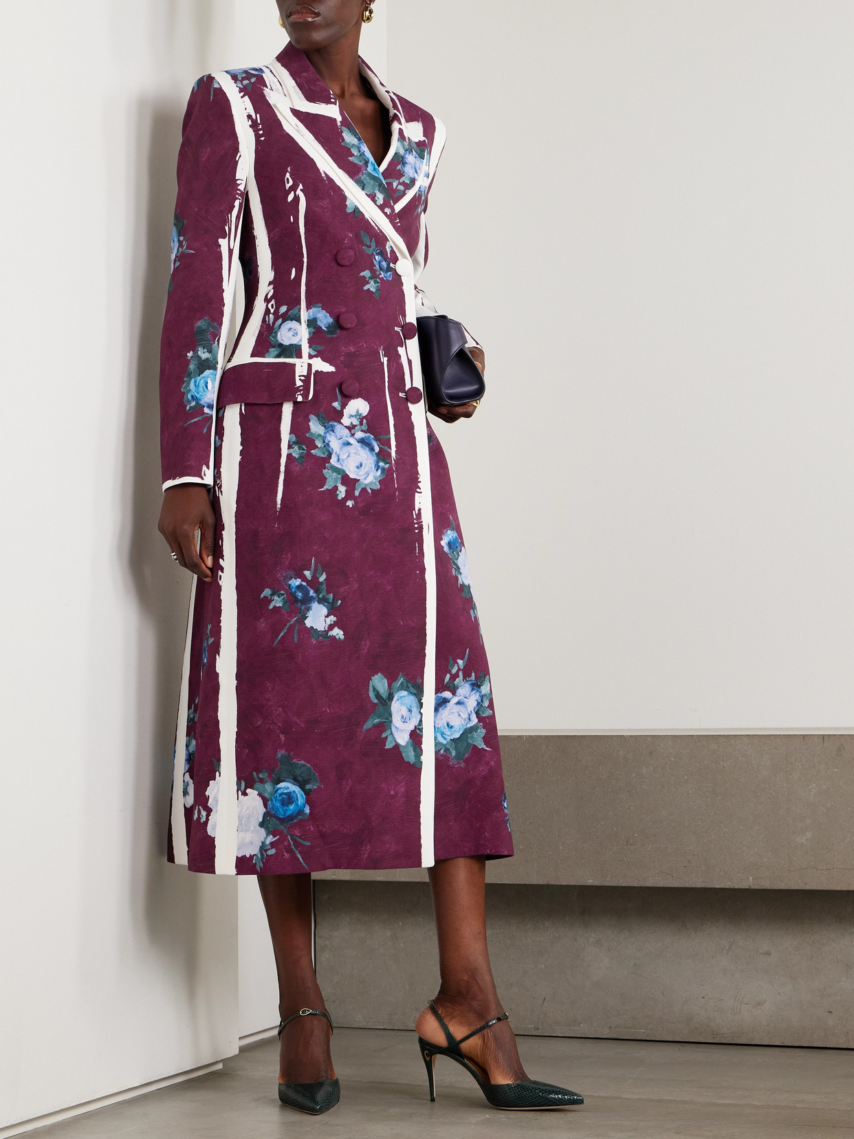 Erdem Double-breasted Floral-print Satin Coat In Brown