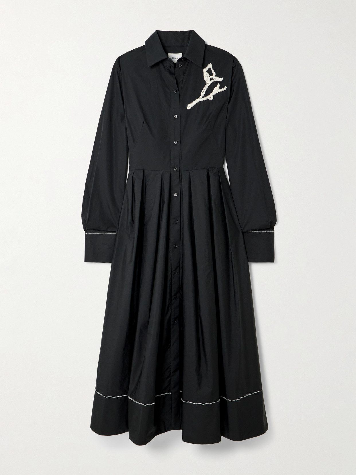 Erdem Embroidered Pleated Cotton-poplin Midi Shirt Dress In Black