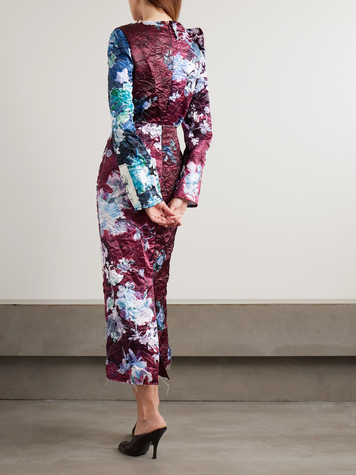 Erdem Frayed Floral-print Crinkled-satin Midi Dress In Black