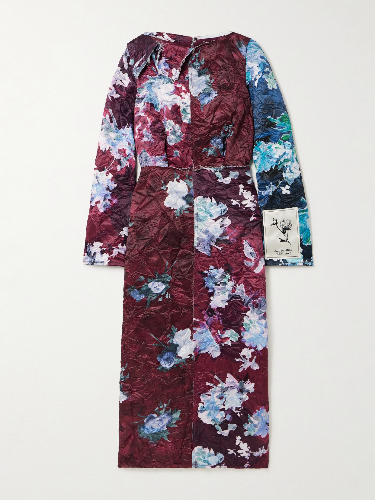 Erdem Frayed Floral-print Crinkled-satin Midi Dress In Black