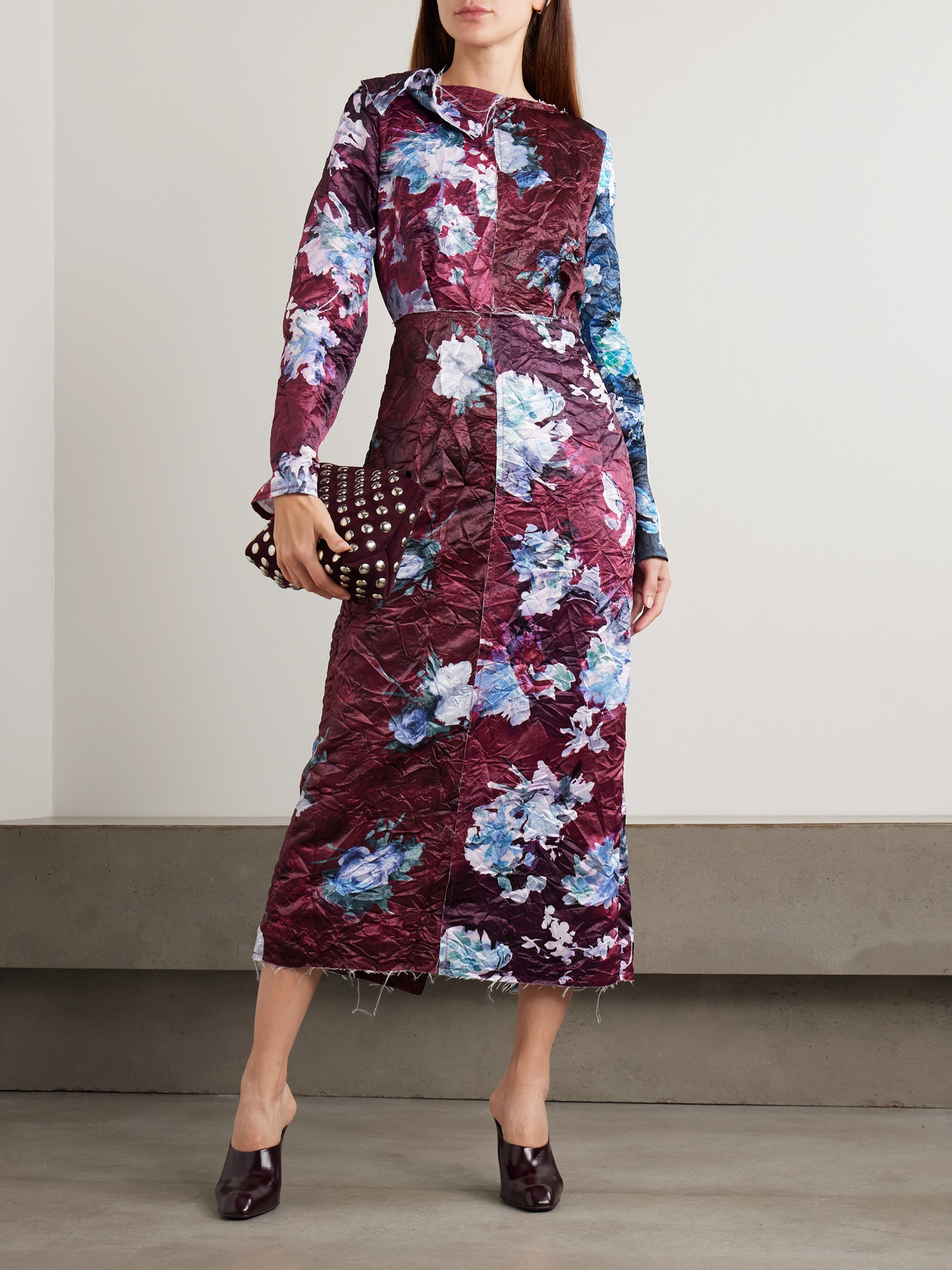 Erdem Frayed Floral-print Crinkled-satin Midi Dress In Black