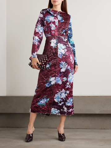 Erdem Frayed floral-print crinkled-satin midi dress