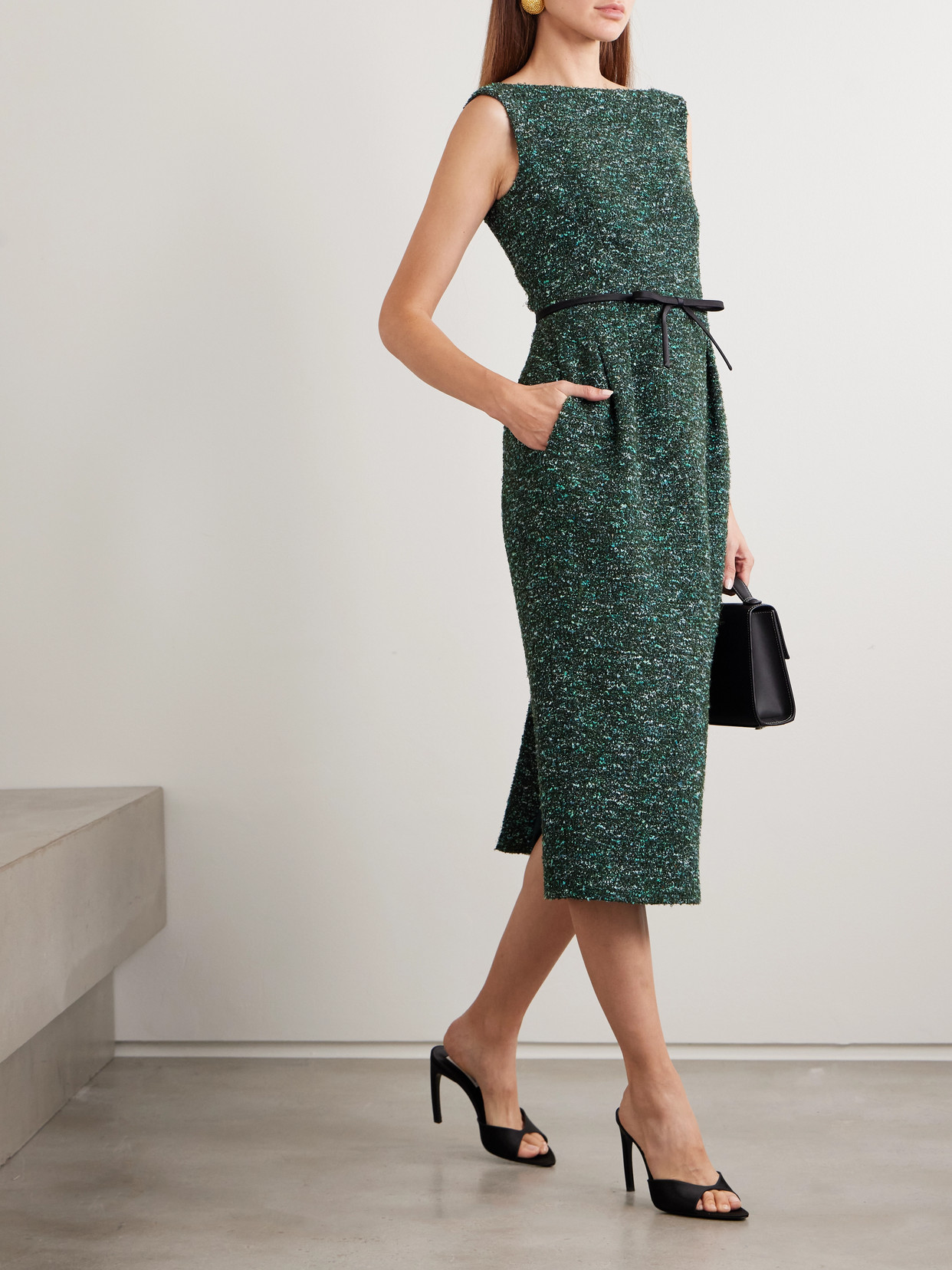 Erdem Bow-detailed Bouclé-tweed Midi Dress In Green