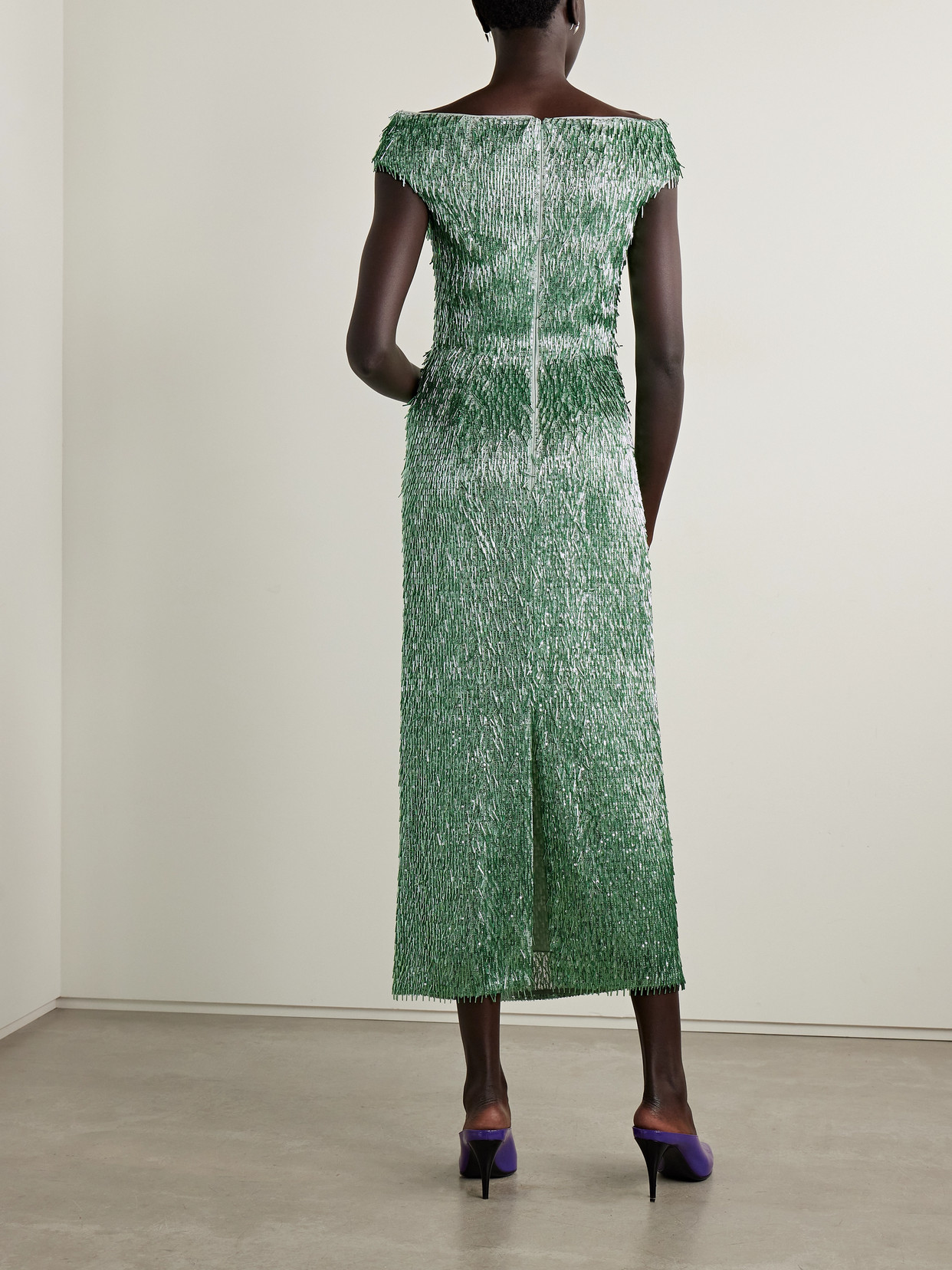 Erdem Off-the-shoulder Draped Embellished Tulle Midi Dress In Green