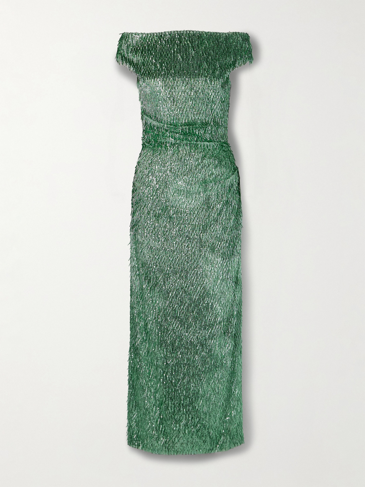 Erdem Off-the-shoulder Draped Embellished Tulle Midi Dress In Green