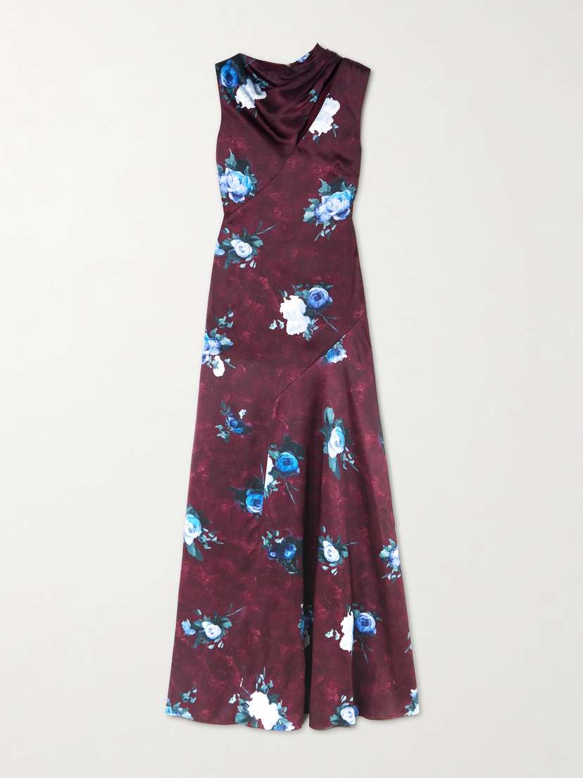 Erdem Asymmetric Cutout Floral-print Duchesse-satin Gown