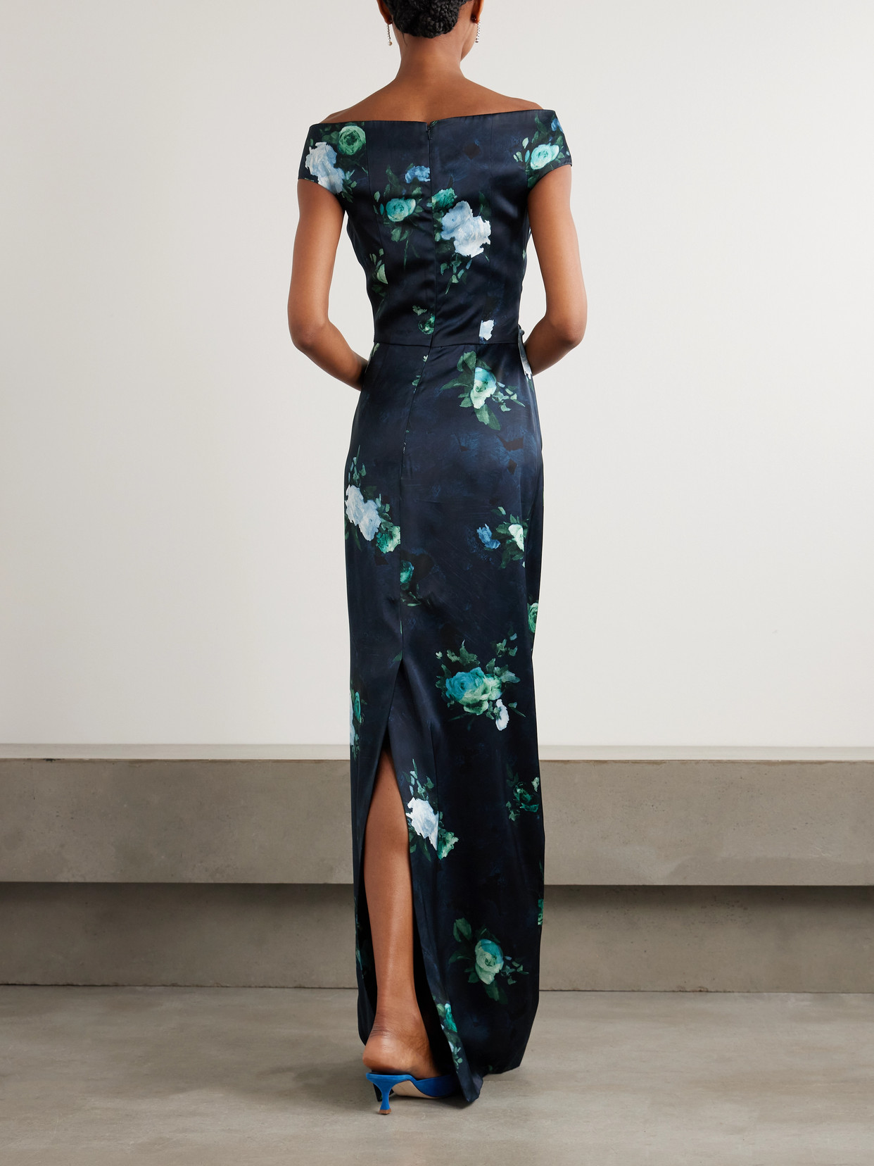 Erdem Off-the-shoulder Gathered Floral-print Satin Gown In Blue
