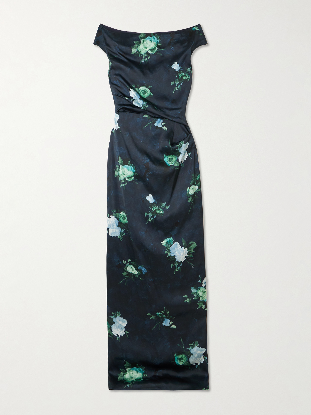 Erdem Off-the-shoulder Gathered Floral-print Satin Gown In Blue