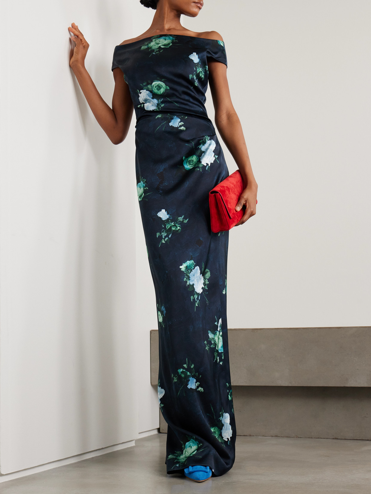 Erdem Off-the-shoulder Gathered Floral-print Satin Gown In Blue