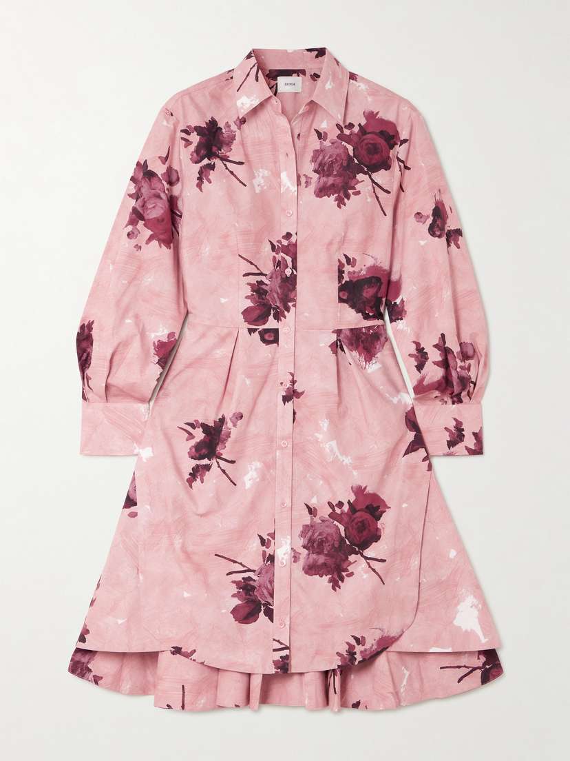 Erdem Pleated Floral-print Cotton-poplin Mini Shirt Dress