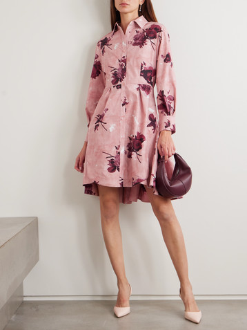 Erdem Pleated floral-print cotton-poplin mini shirt dress
