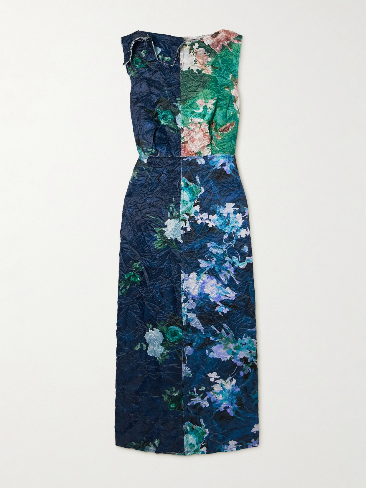 Erdem Frayed Floral-print Crinkled-satin Midi Dress In Blue