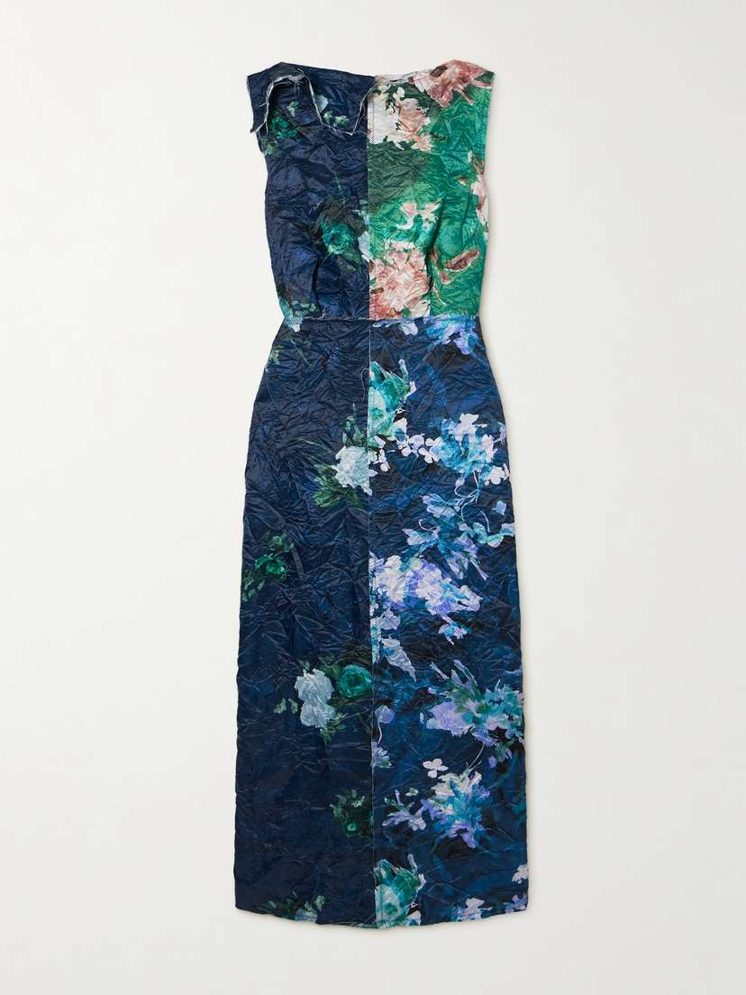 Erdem Frayed Floral-print Crinkled-satin Midi Dress