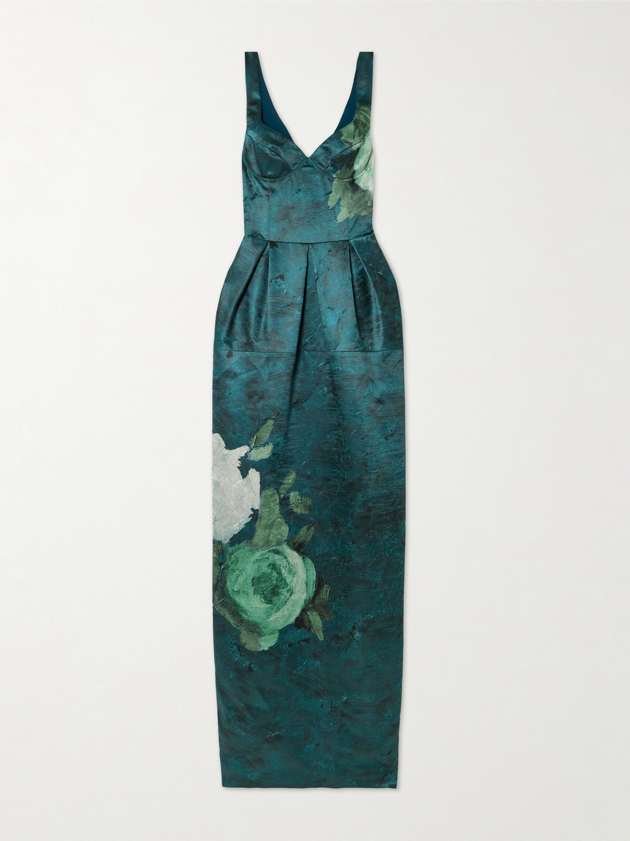 Erdem Pleated Floral-print Crinkled-satin Gown In Green