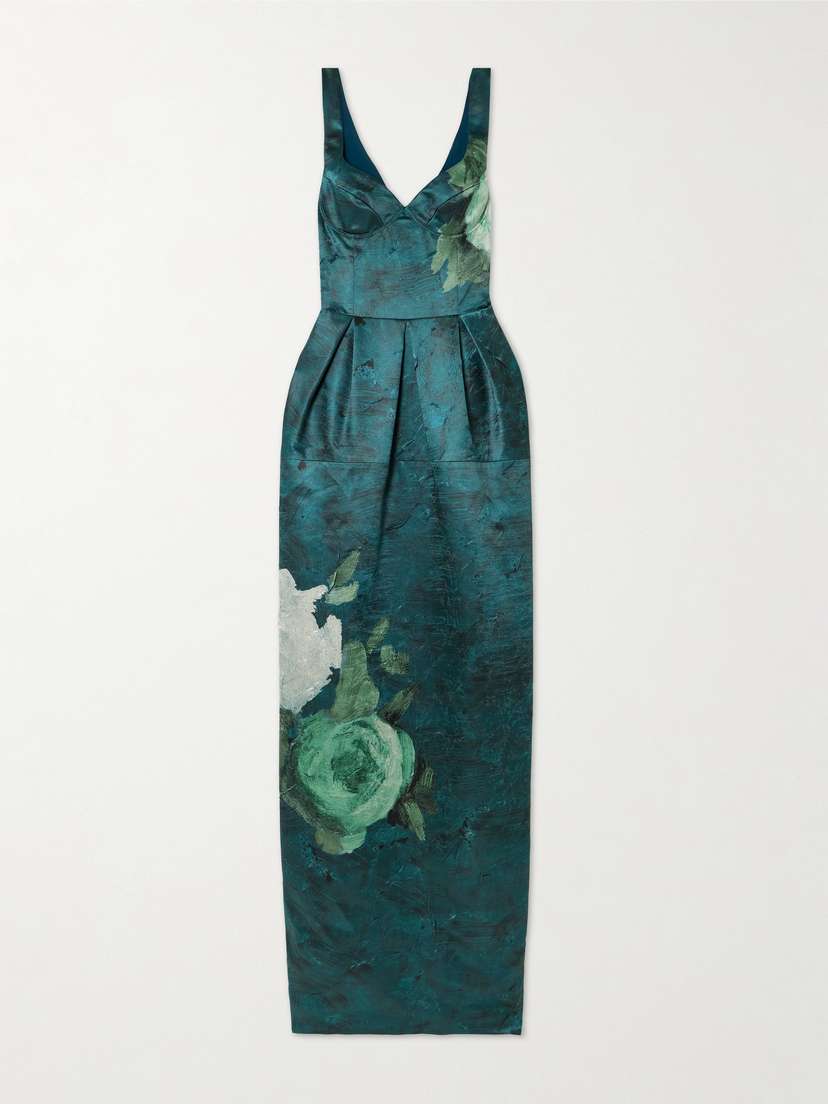 Erdem Pleated Floral-print Crinkled-satin Gown