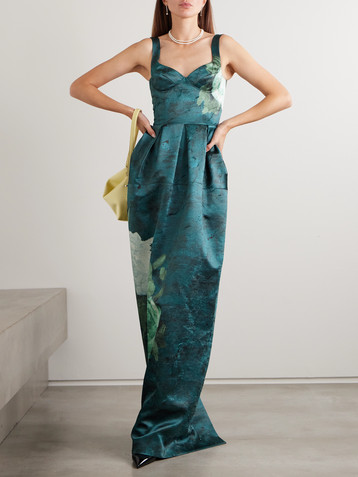 Erdem Pleated floral-print crinkled-satin gown