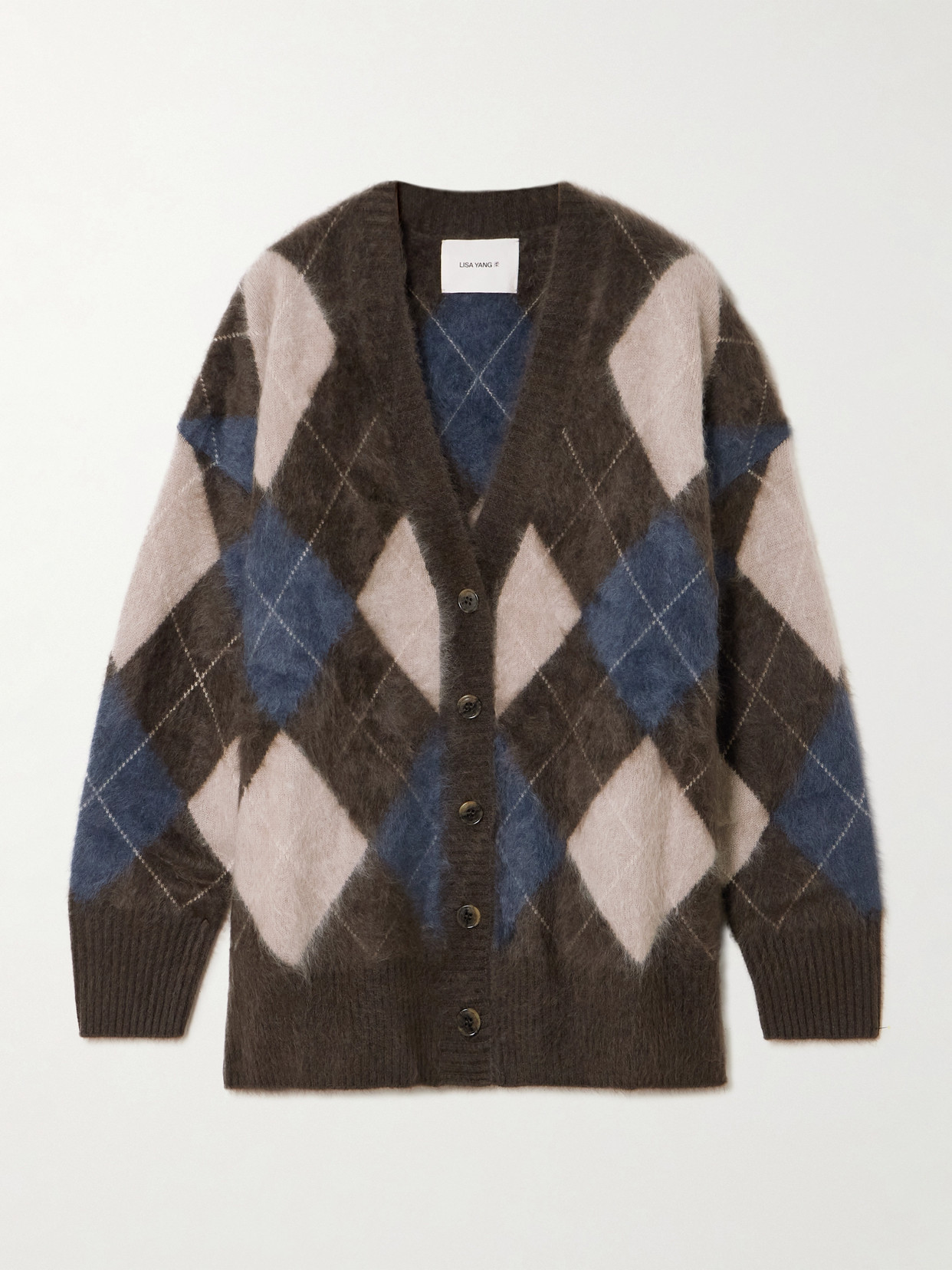 Lisa Yang Elaria Argyle Brushed Cashmere-jacquard Cardigan In Brown