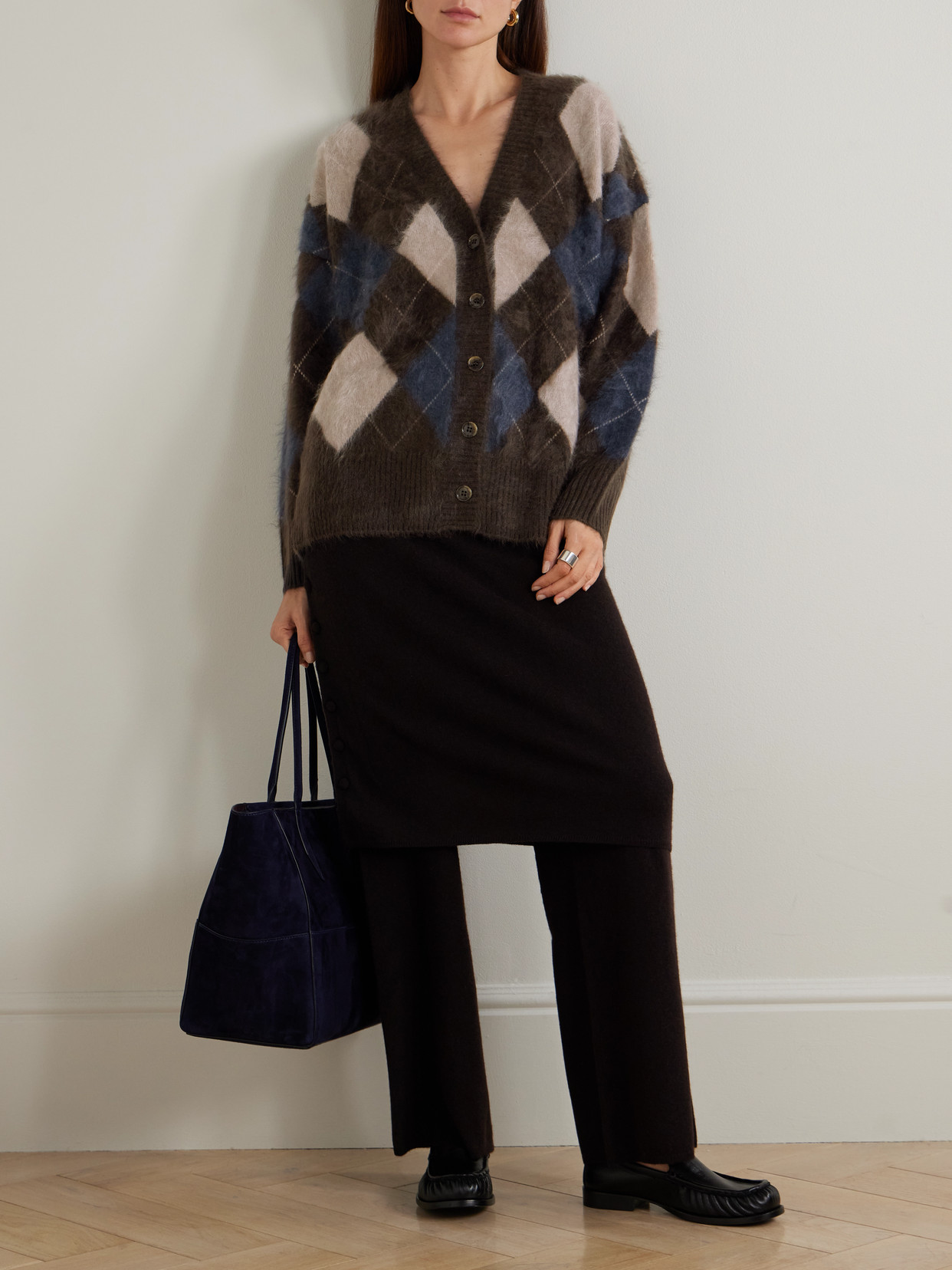 Lisa Yang Elaria Cardigan Wood/night Fall/sand/cream Brushed Argyle 0 In Multi