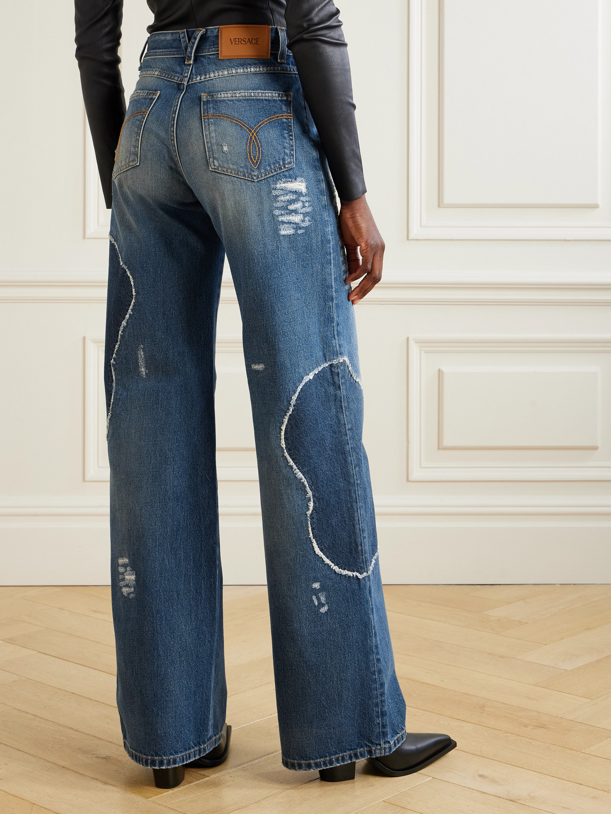 Distressed Patchwork High-Rise Wide- Leg