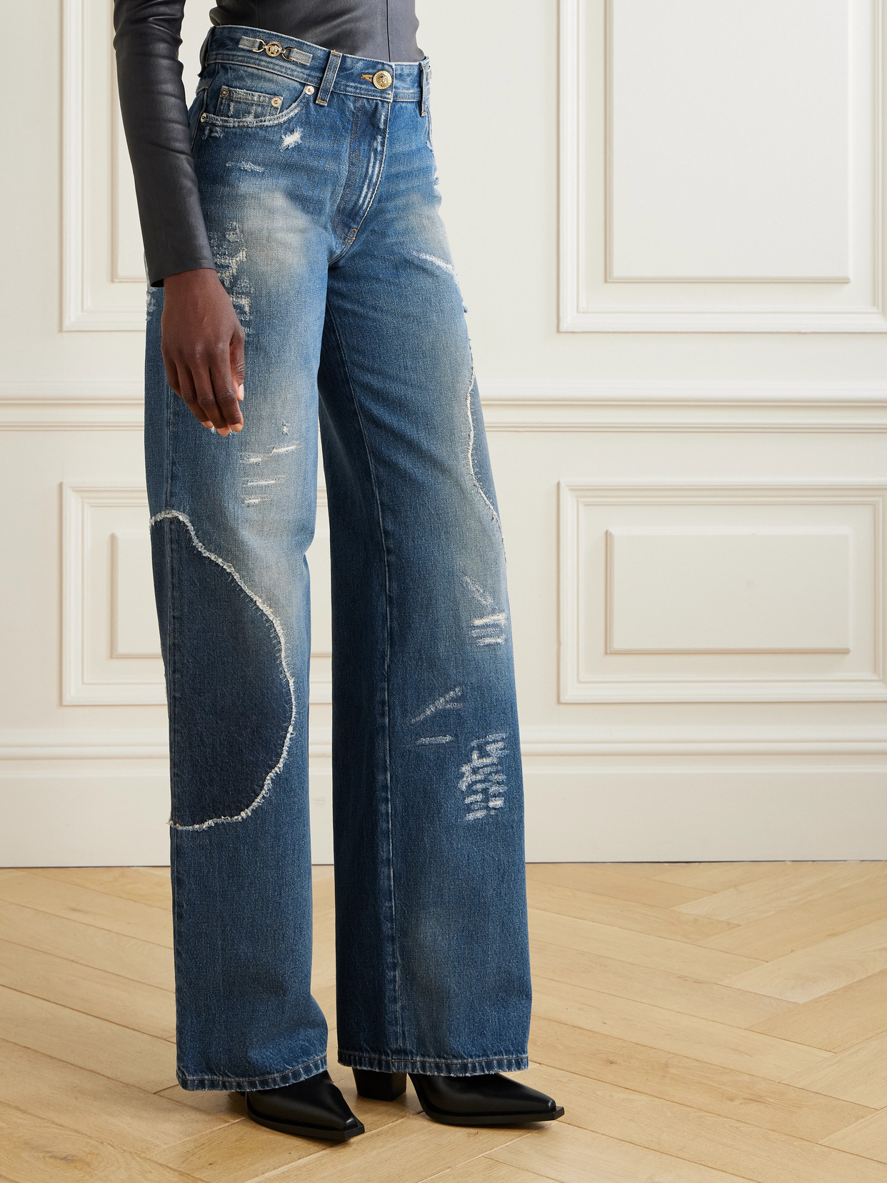 Distressed Patchwork High-Rise Wide- Leg