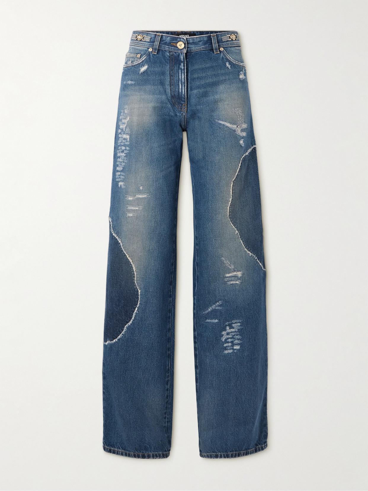 Versace Distressed Patchwork High-rise Wide-leg Jeans In Multi