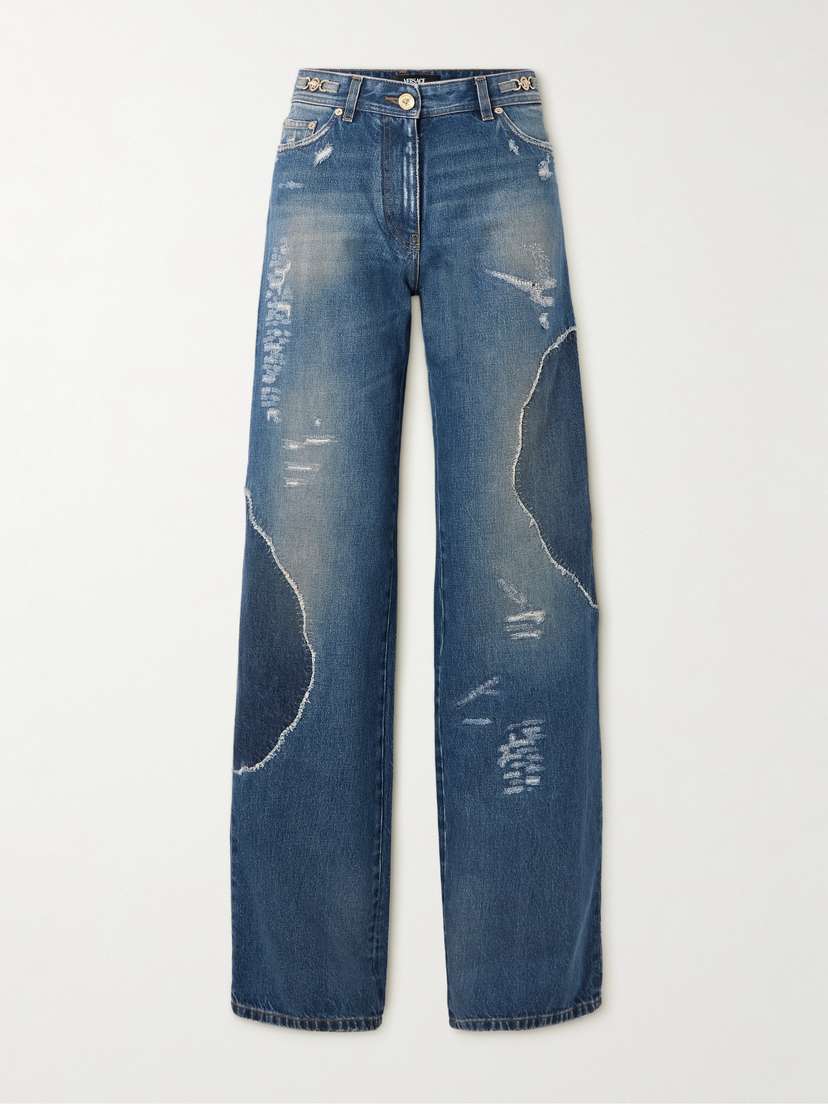Versace Distressed Patchwork High-rise Wide-leg Jeans