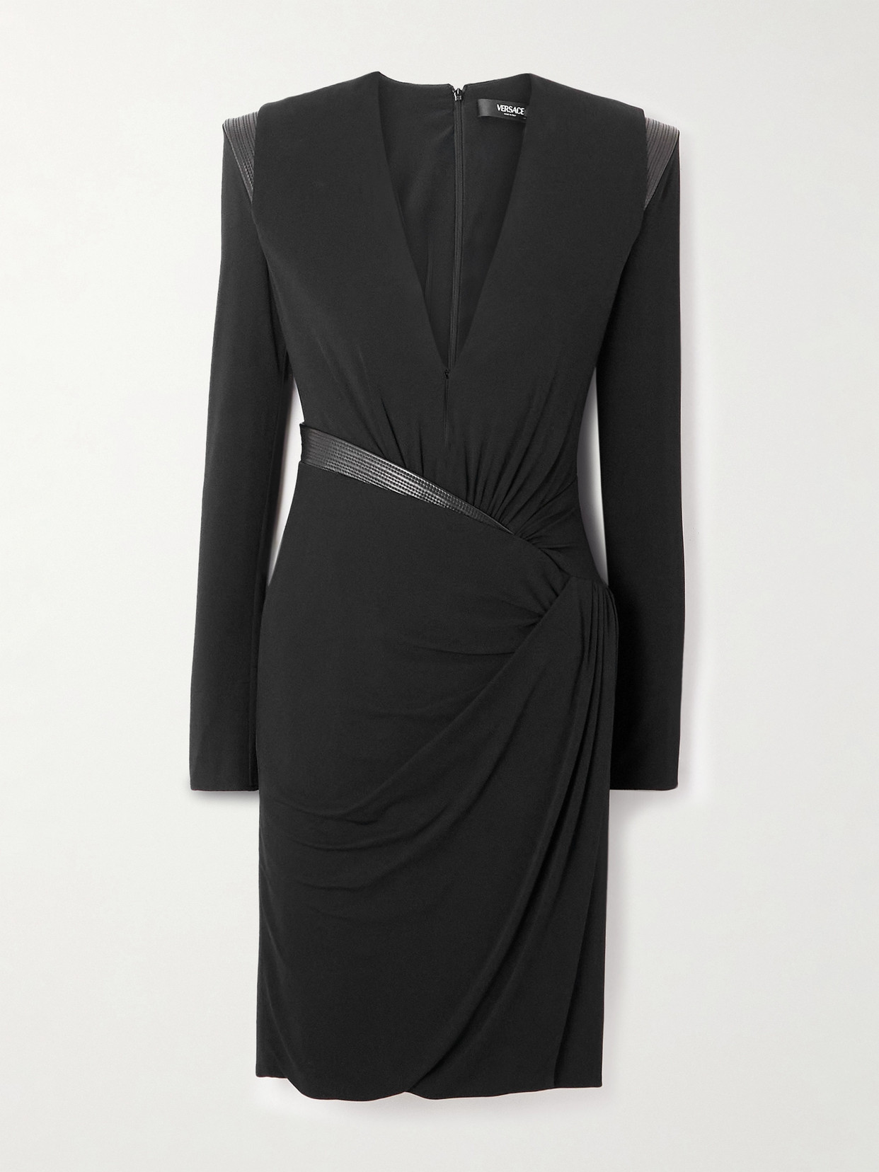 Versace Draped Long Sleeve Dress With Shoulder Pads In Black