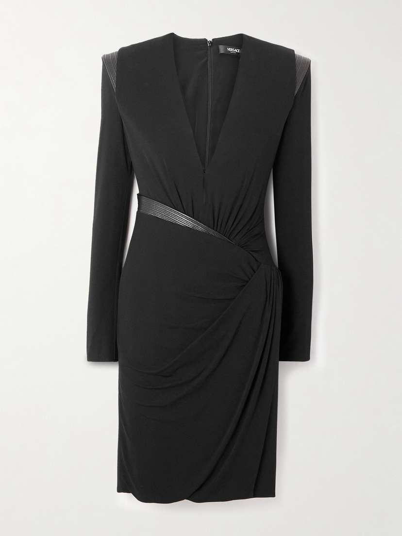 Versace Wrap-effect Leather-trimmed Stretch-jersey Dress