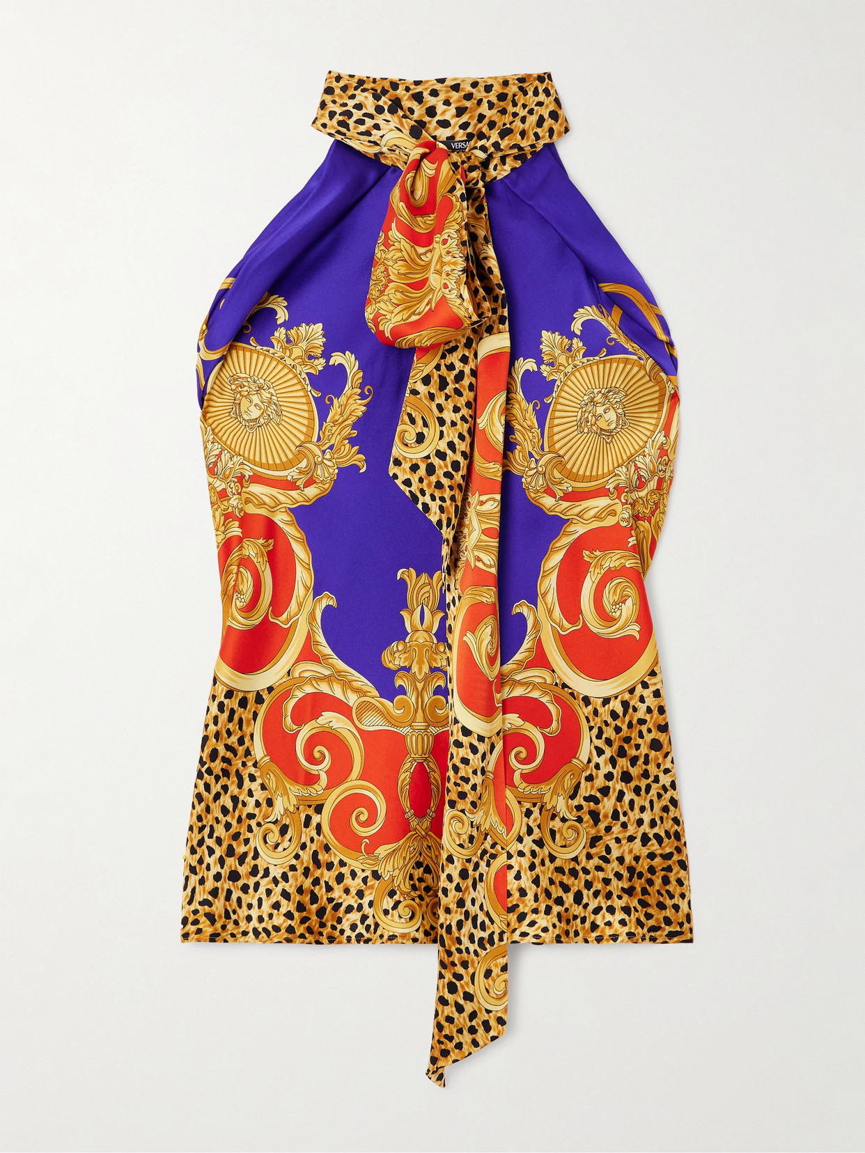 Versace Tie-detailed Printed Silk Blouse In Multi