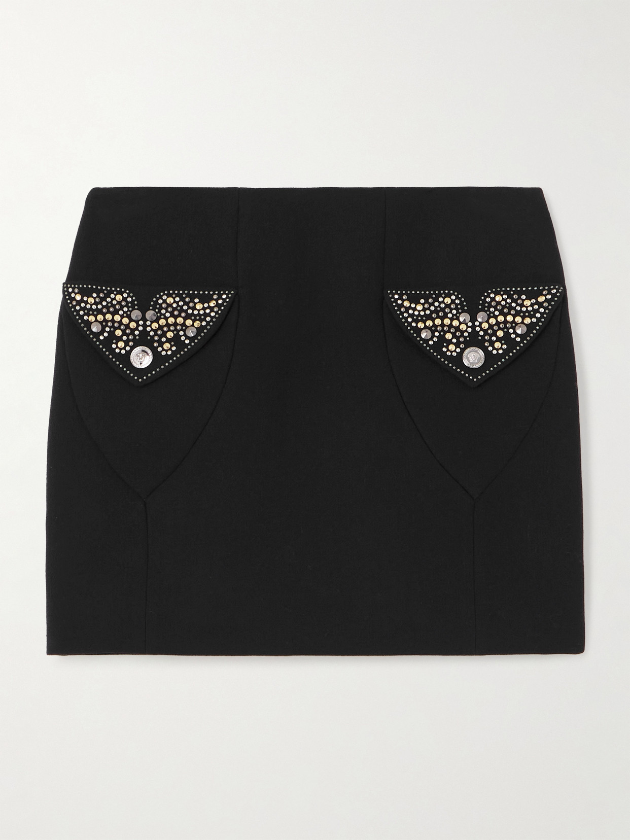 Versace Chic Fitted Mini Skirt With Embellished Pockets In Black