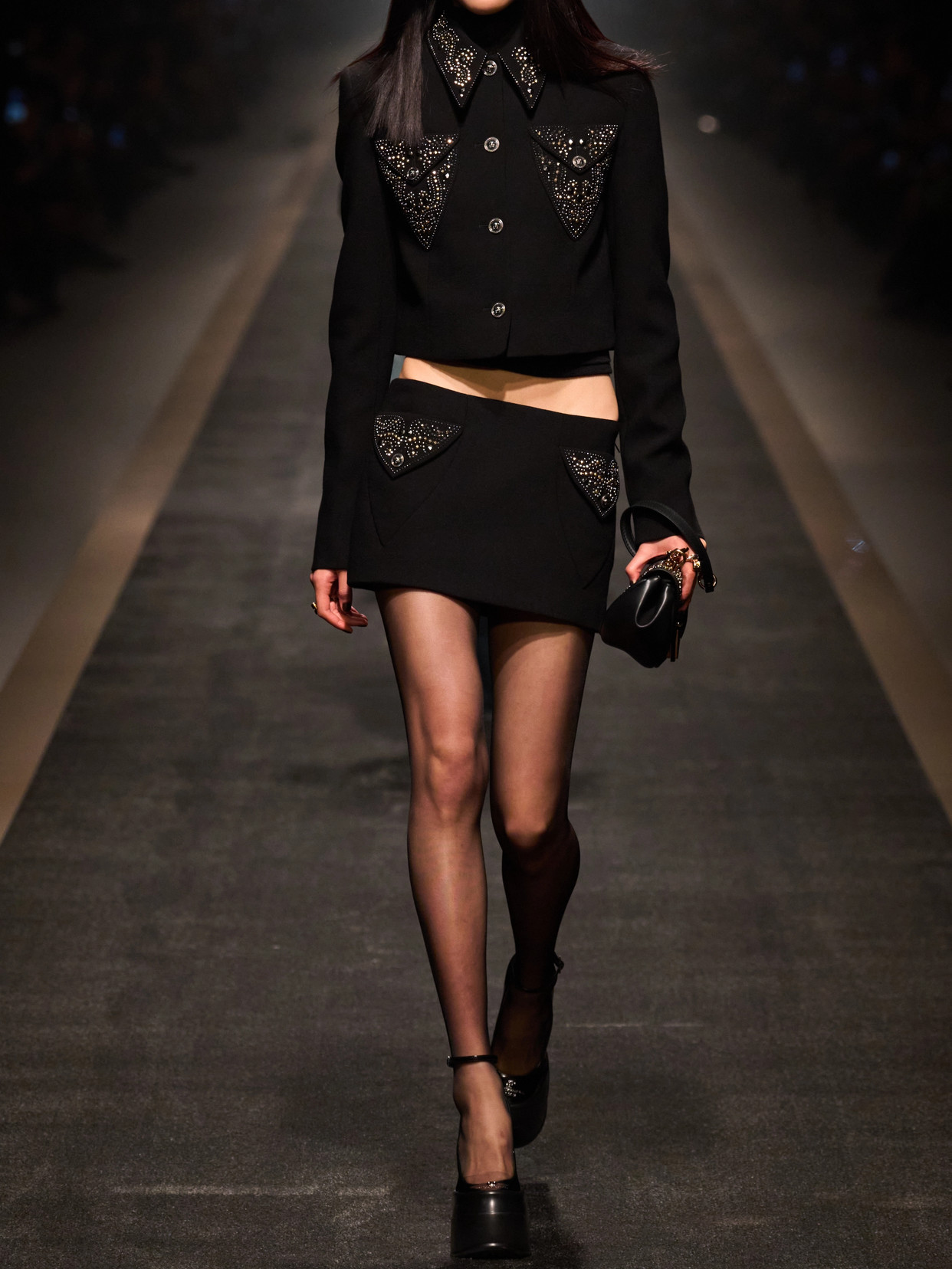 Versace Chic Fitted Mini Skirt With Embellished Pockets In Black